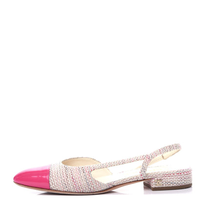 Chanel Tweed Patent Cap Toe CC Slingback Flat 36.5 Pink White 1 of 10