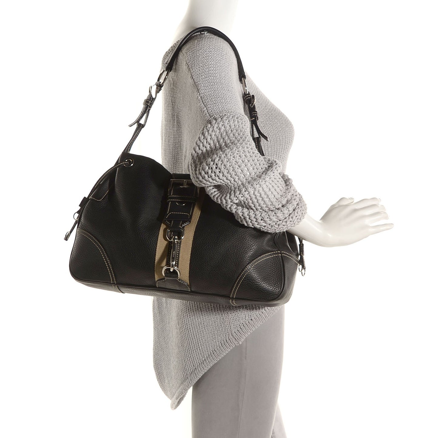 Vitello Daino Stripe Shoulder Bag Nero Black