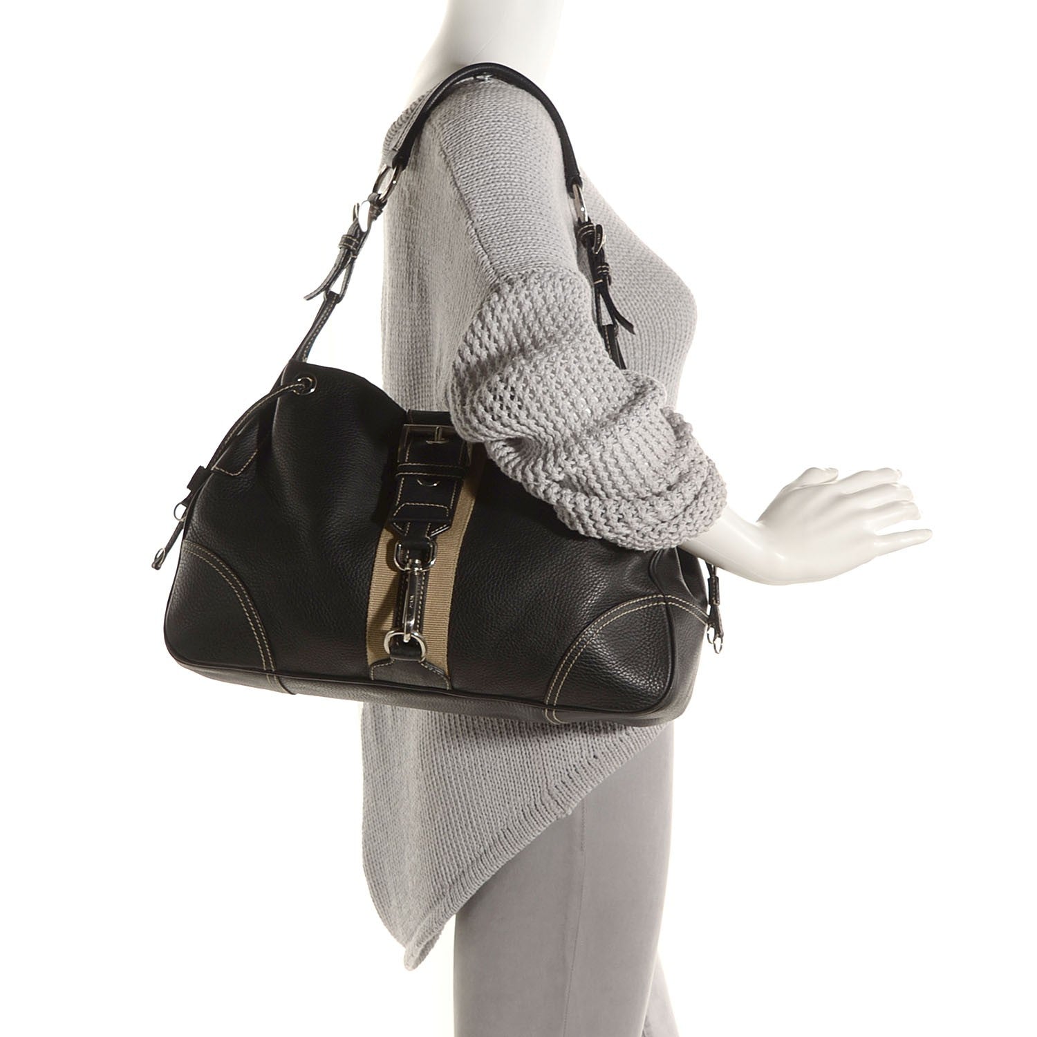 Prada Vitello Daino Stripe Shoulder Bag Nero Black 2 of 8