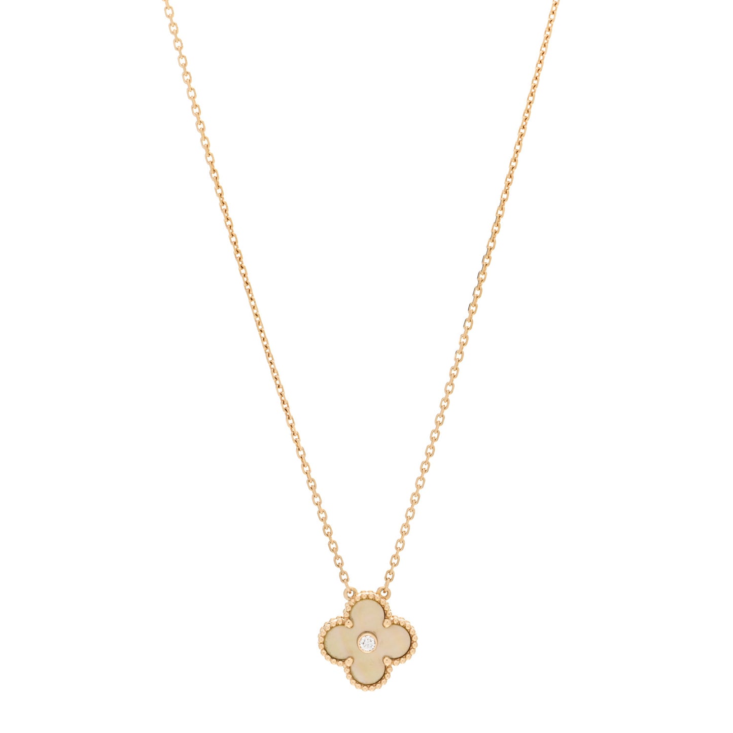18K Yellow Gold Diamond Yellow Mother of Pearl Vintage Alhambra Pendant Necklace