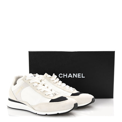 Chanel Nylon Suede Kidskin Calfskin Logo Sneakers 37 White Black 10 of 10