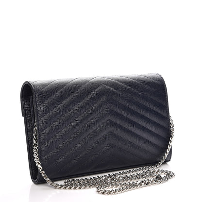 Saint Laurent Grain de Poudre Matelasse Chevron Medium Monogram Chain Wallet Blue 3 of 6