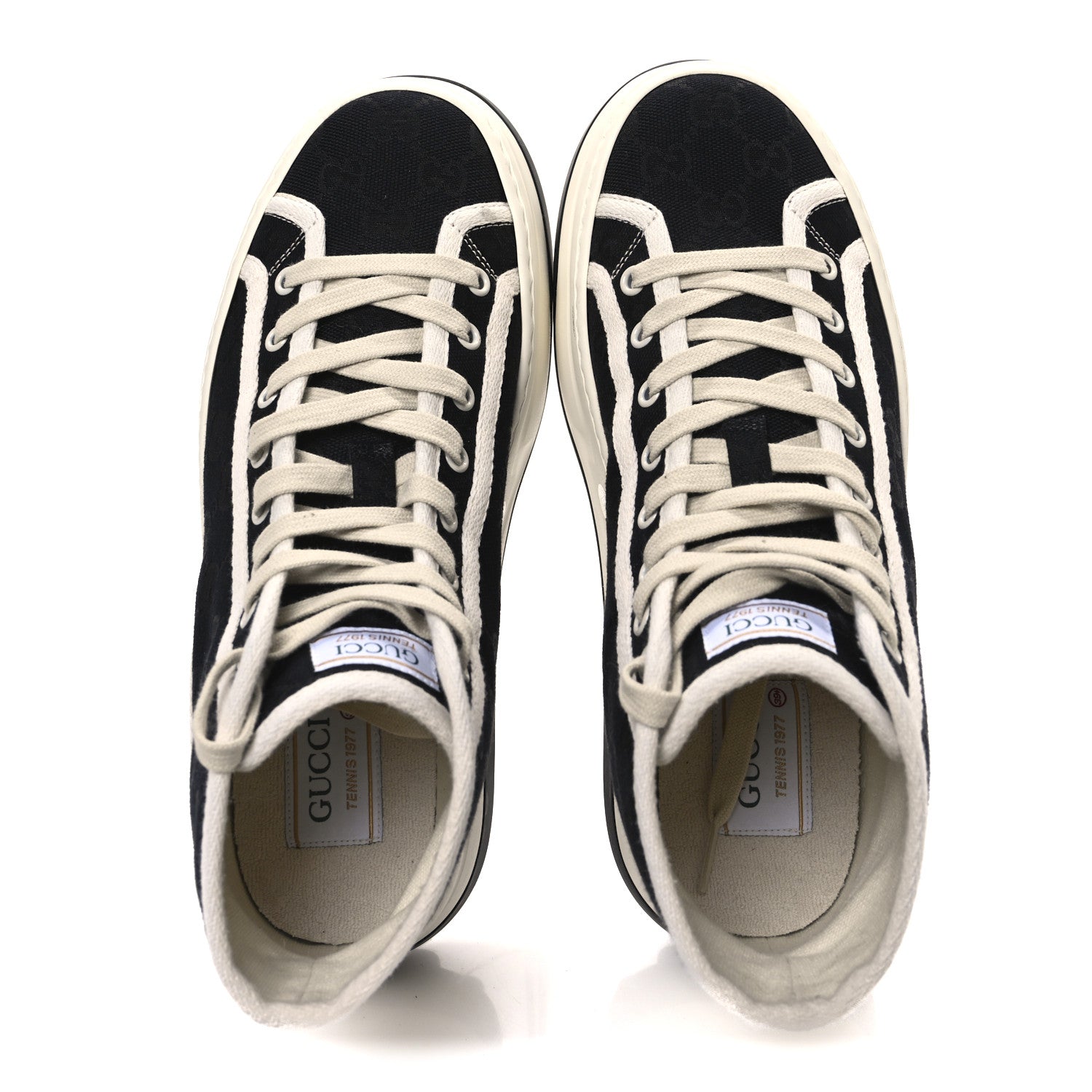 Gucci New Canvas GG Monogram Womens Tennis 1977 High Top 55mm Platform Sneakers 39.5 Black Mystic White 2 of 13