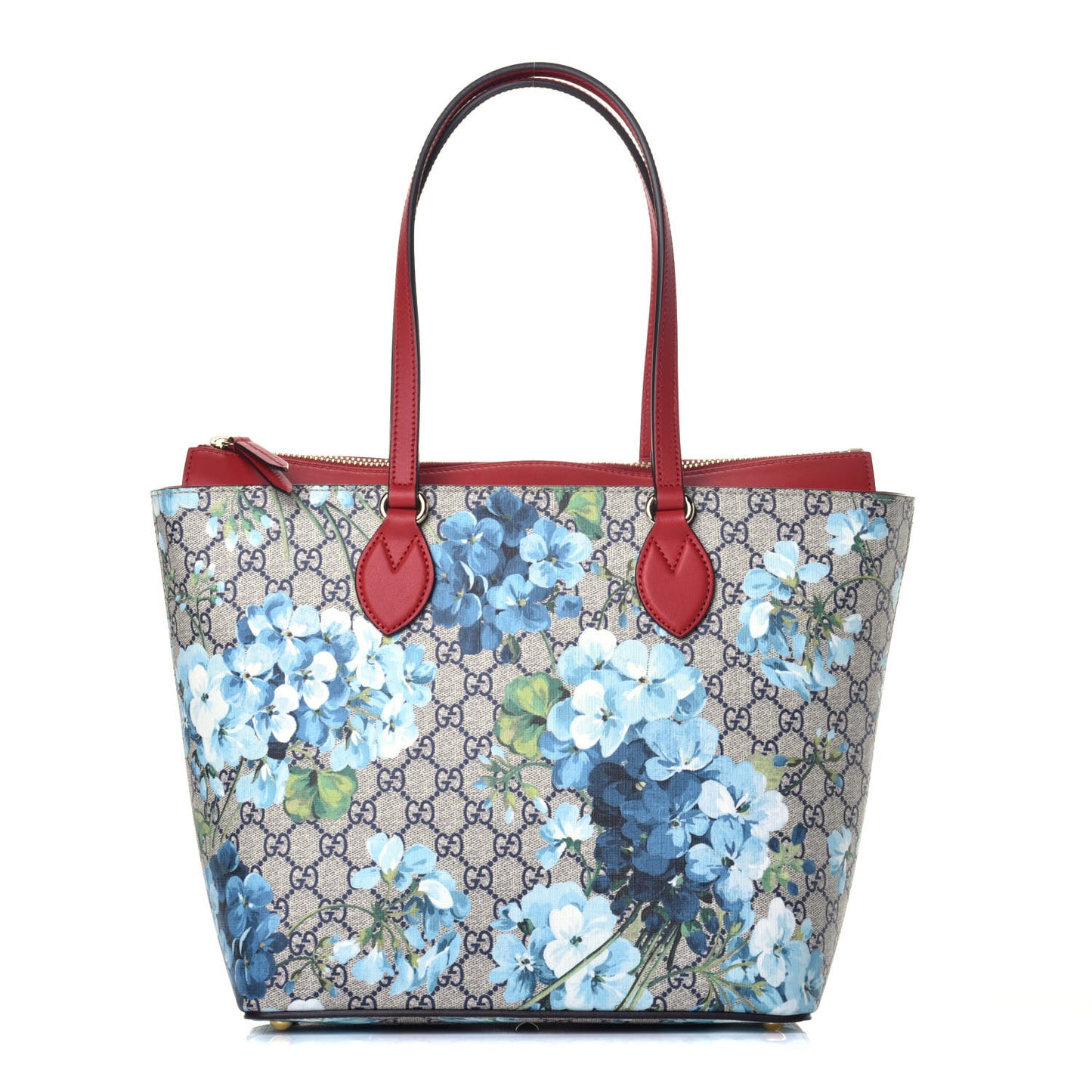 GG Supreme Monogram Blooms Medium Zippered Bucket Tote Beige Blue Navy Hibiscus Red