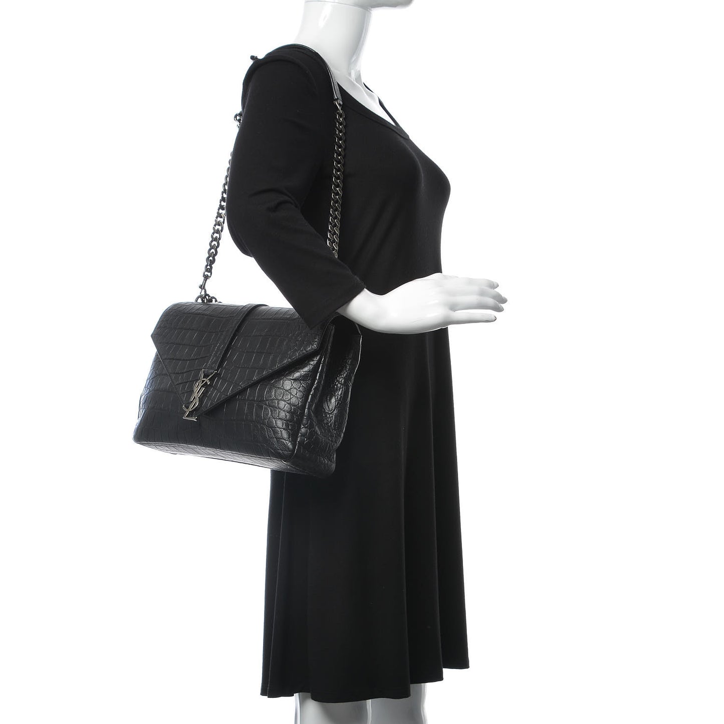 Calfskin Crocodile Embossed Monogram Large College Satchel Black