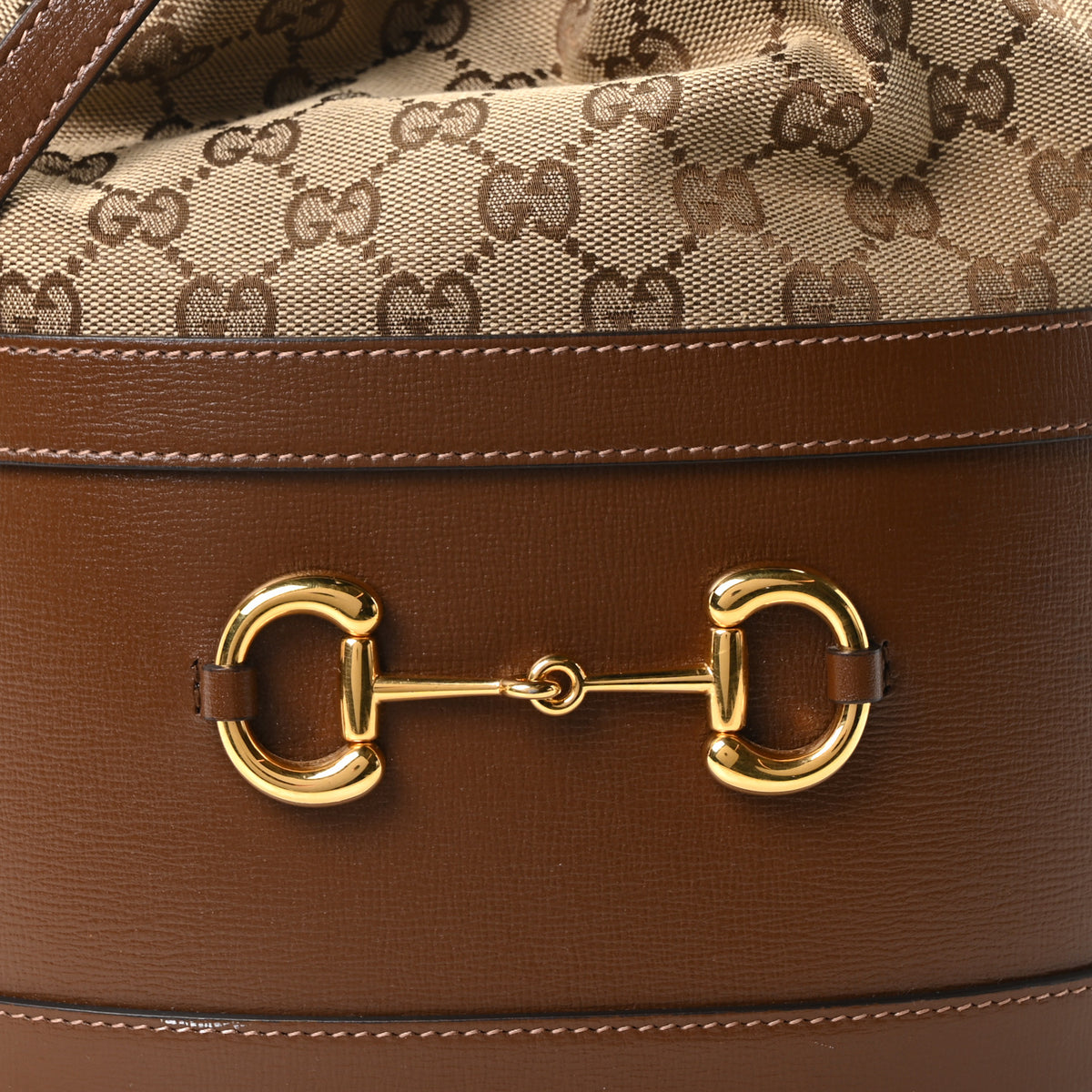 Monogram Textured Calfskin Horsebit 1955 Drawstring Bucket Bag Beige Brown Sugar