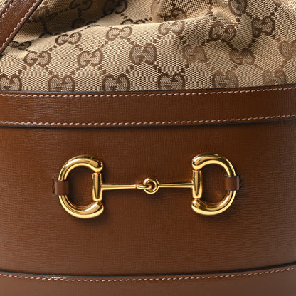 Gucci Monogram Textured Calfskin Horsebit 1955 Drawstring Bucket Bag Beige Brown Sugar 8 of 10