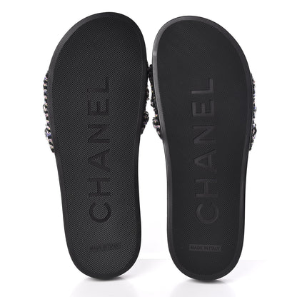 Chanel Tweed Lambskin Chain Flat Sandals 38 Black Multicolor 5 of 10