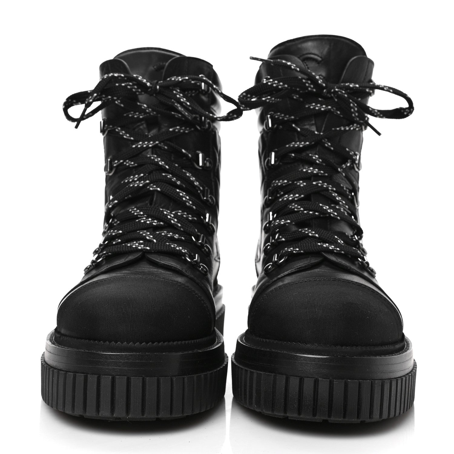 Chanel Calfskin Grosgrain Quilted Lace Up Boots 41 Black Grey 2 of 7