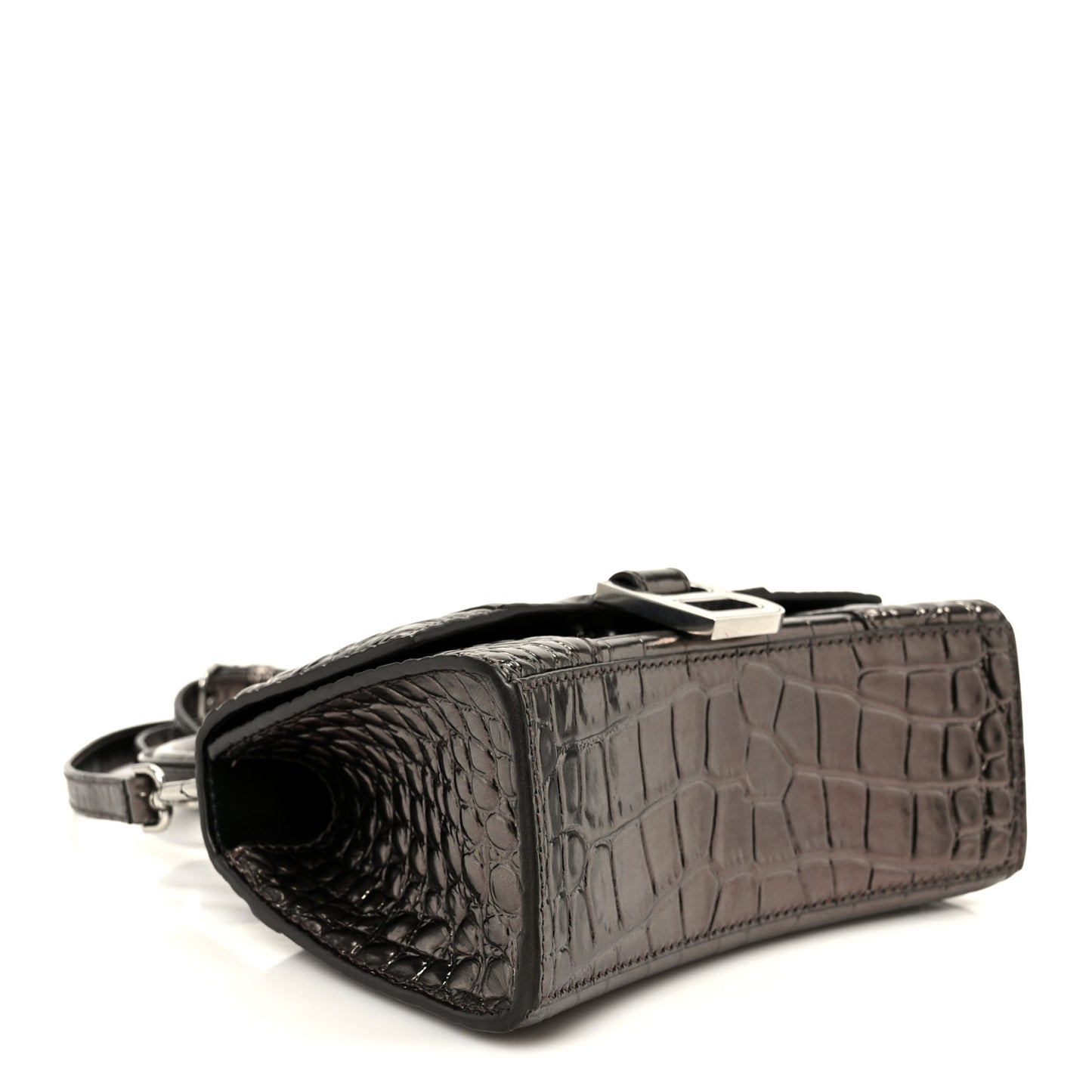 Metallic Shiny Calfskin Crocodile Embossed Hourglass Top Handle Bag XS Dark Bronze