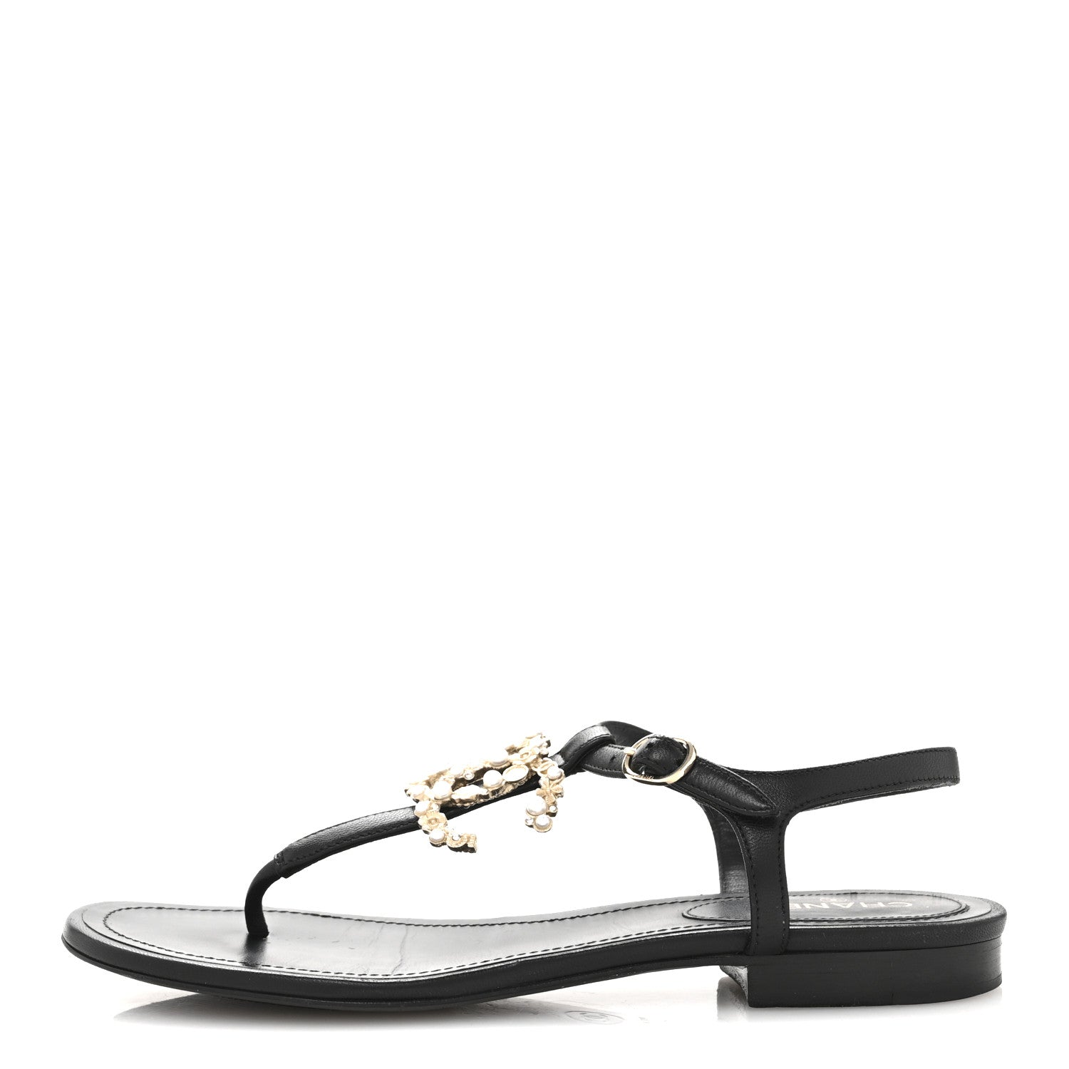 Chanel Calfskin Pearl Crystal CC Charm Thong Sandals 36.5 Black 1 of 11