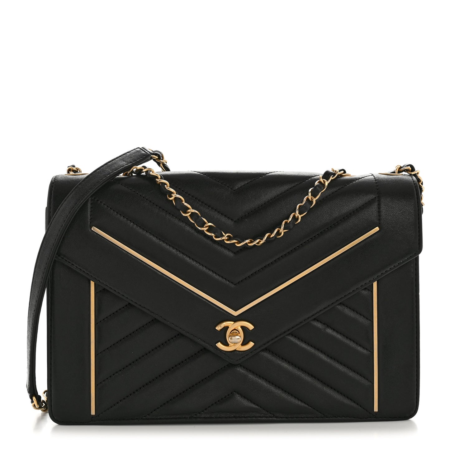 Lambskin Reversed Chevron Quilted Flap Black