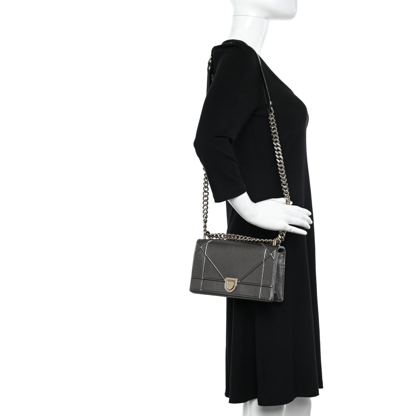 Metallic Grained Calfskin Small Diorama Flap Bag Gunmetal Grey