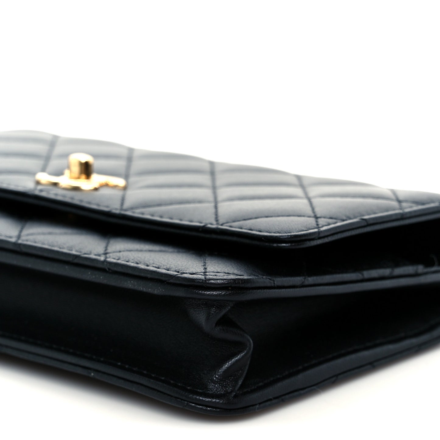 Lambskin Quilted Crystal Pearl Handle Wallet On Chain WOC Black