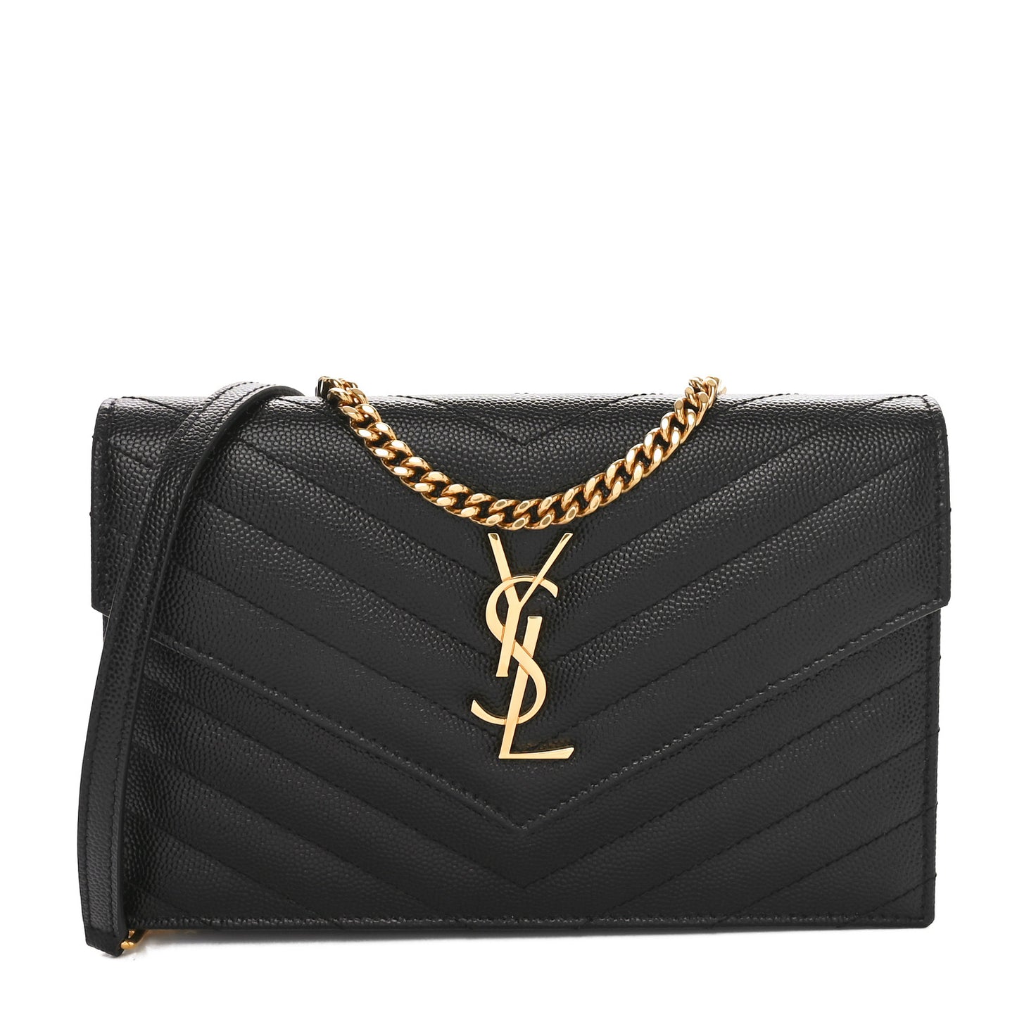 Grain De Poudre Matelasse Chevron Monogram Envelope Chain Wallet Black