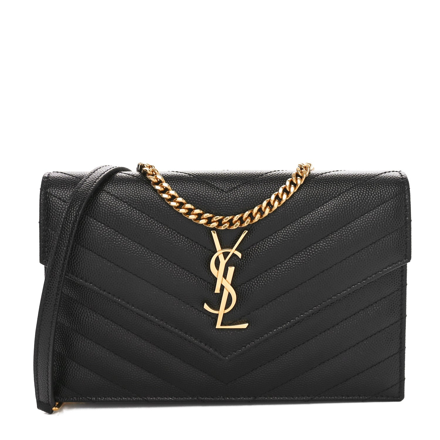 Saint Laurent Grain De Poudre Matelasse Chevron Monogram Envelope Chain Wallet Black 1 of 10