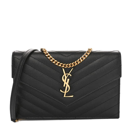 Saint Laurent Grain De Poudre Matelasse Chevron Monogram Envelope Chain Wallet Black 1 of 10