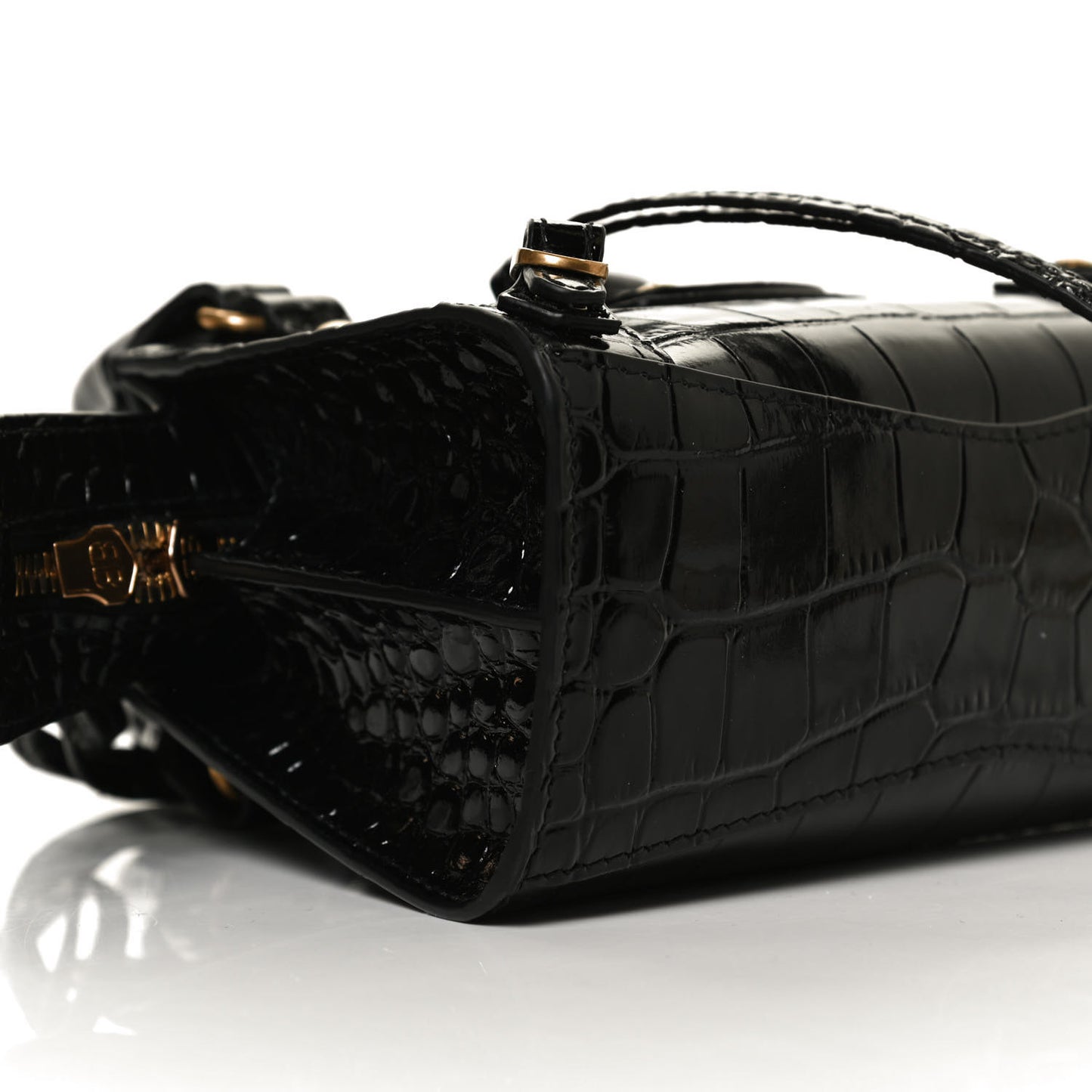Shiny Supple Calfskin Crocodile Embossed Neo Classic Gold Hardware Nano City Crossbody Black