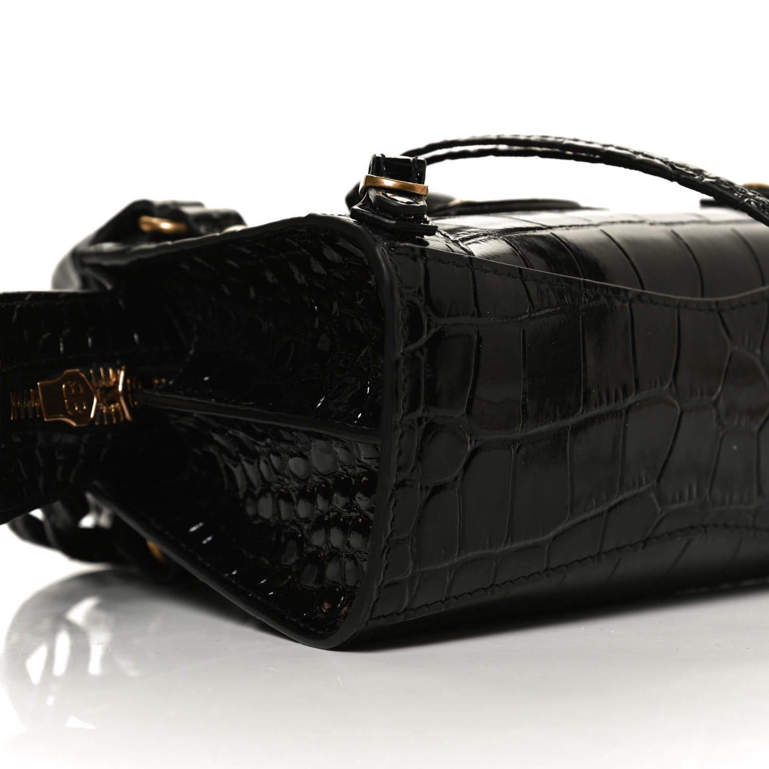 Balenciaga Shiny Supple Calfskin Crocodile Embossed Neo Classic Gold Hardware Nano City Crossbody Black 8 of 9