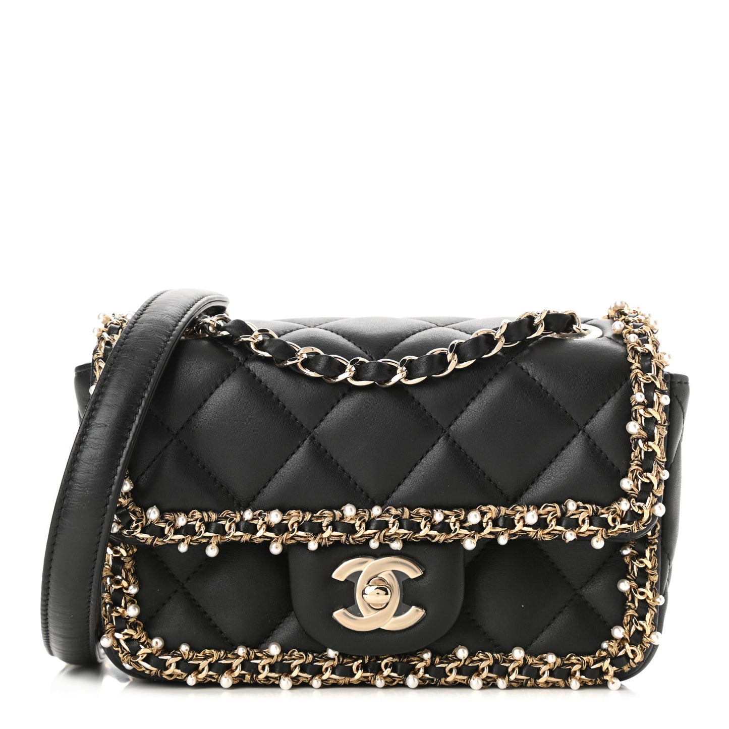 Lambskin Quilted Pearl Edge Mini Rectangular Flap Bag Black