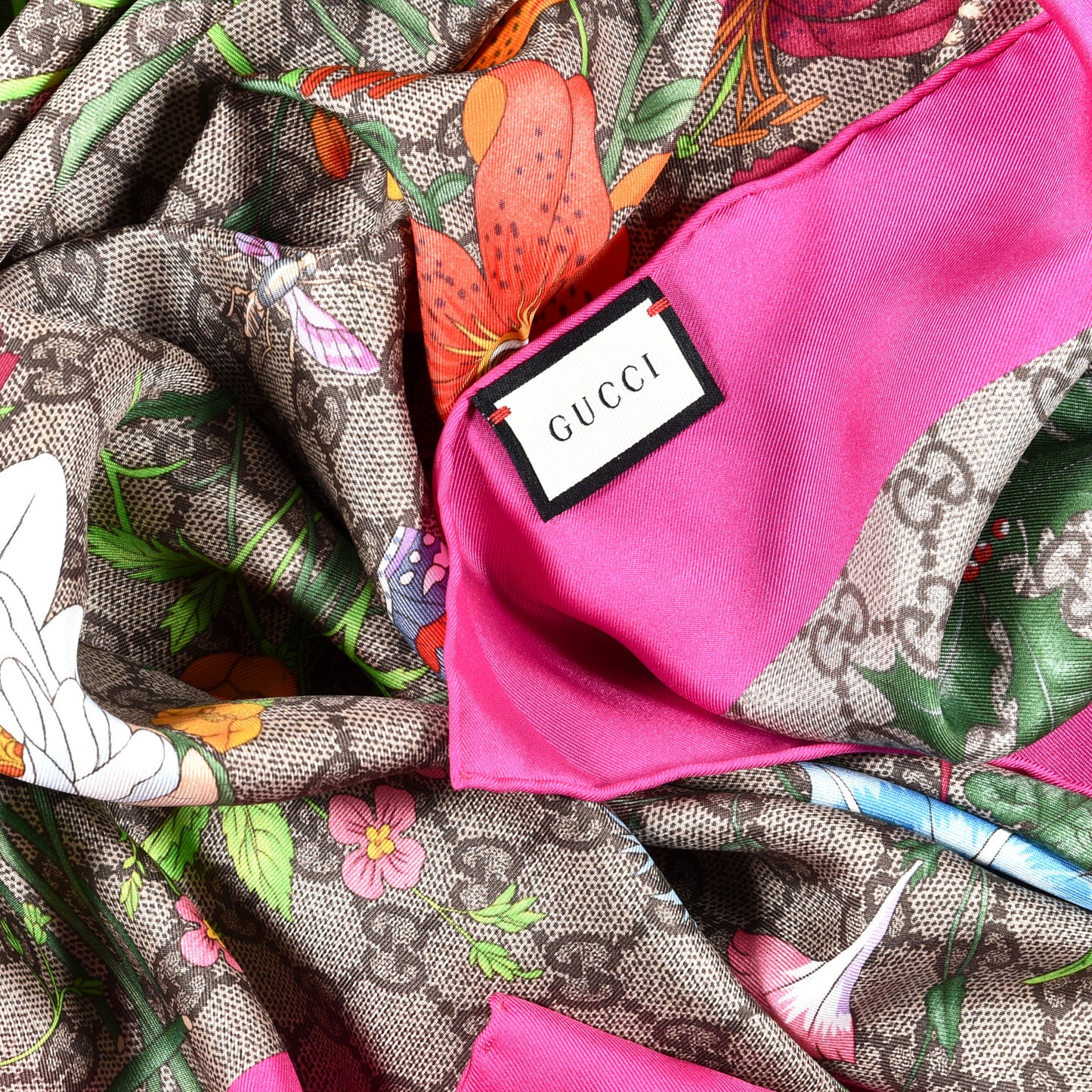 Silk Twill GG Monogram Flora Fluo GG Square Scarf Beige Pink