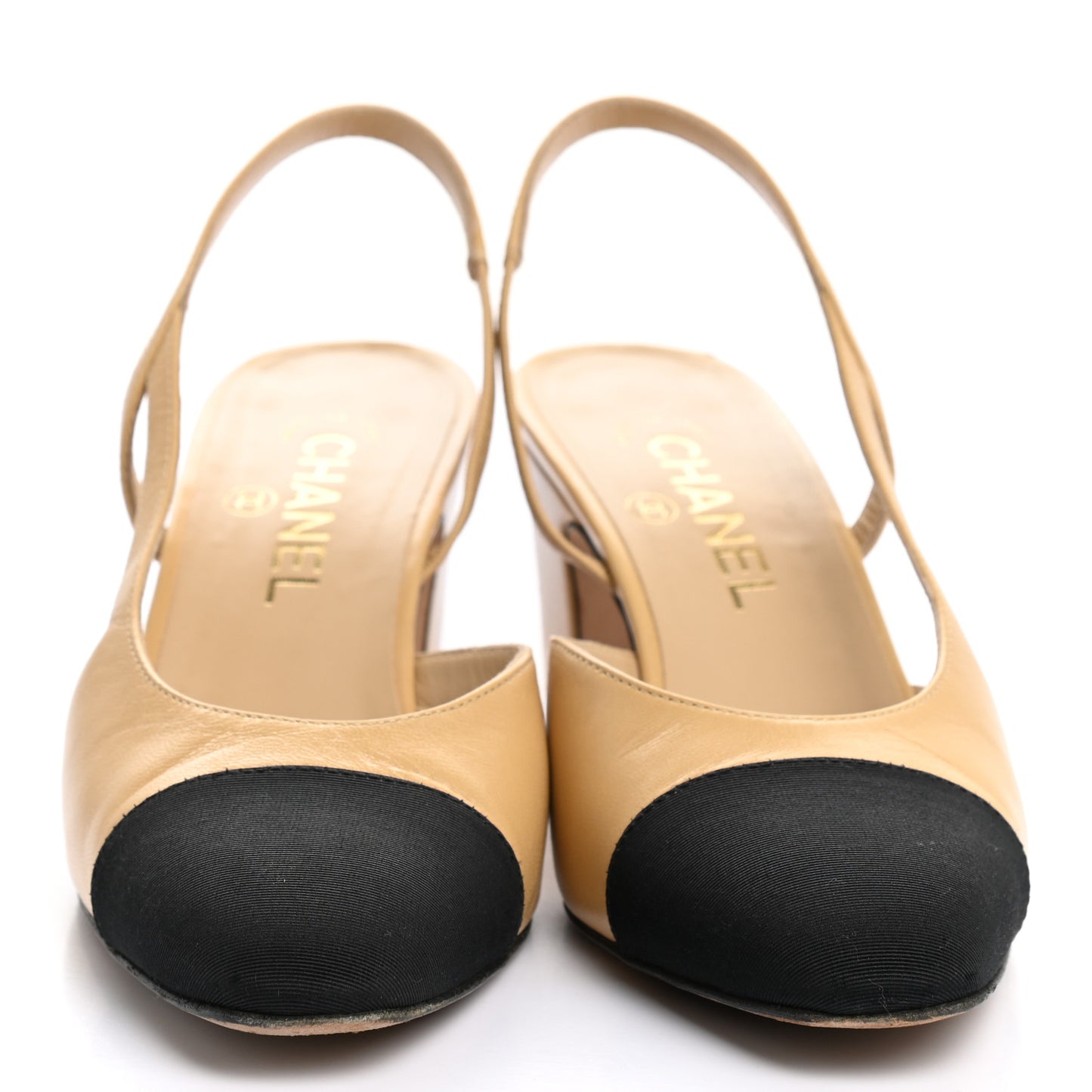 Goatskin Grosgrain Cap Toe CC Slingback Sandals 38.5 Beige Black