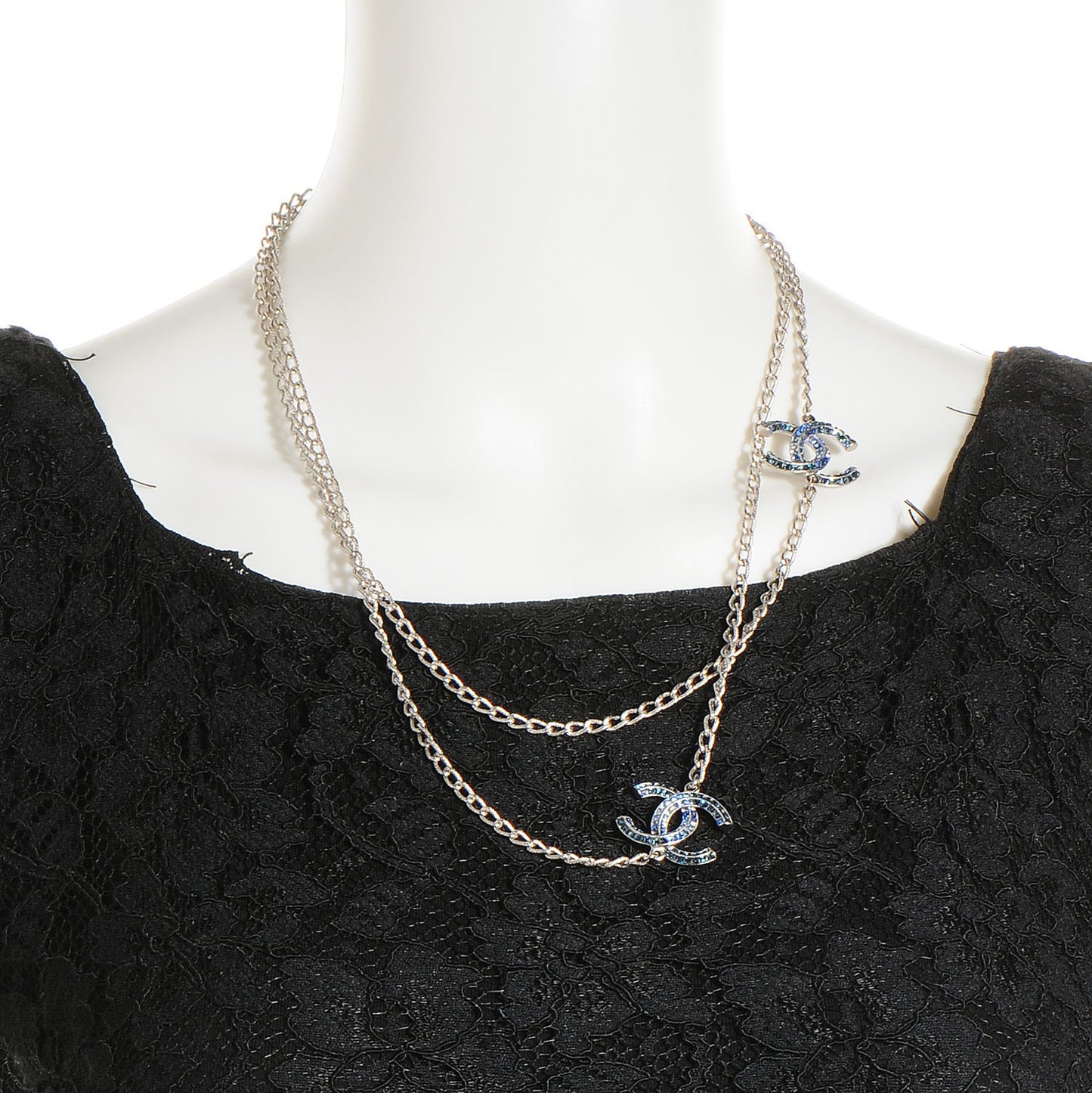 Crystal Baguette CC Double Strand Necklace Silver Blue