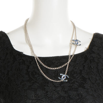 Chanel Crystal Baguette CC Double Strand Necklace Silver Blue 2 of 8