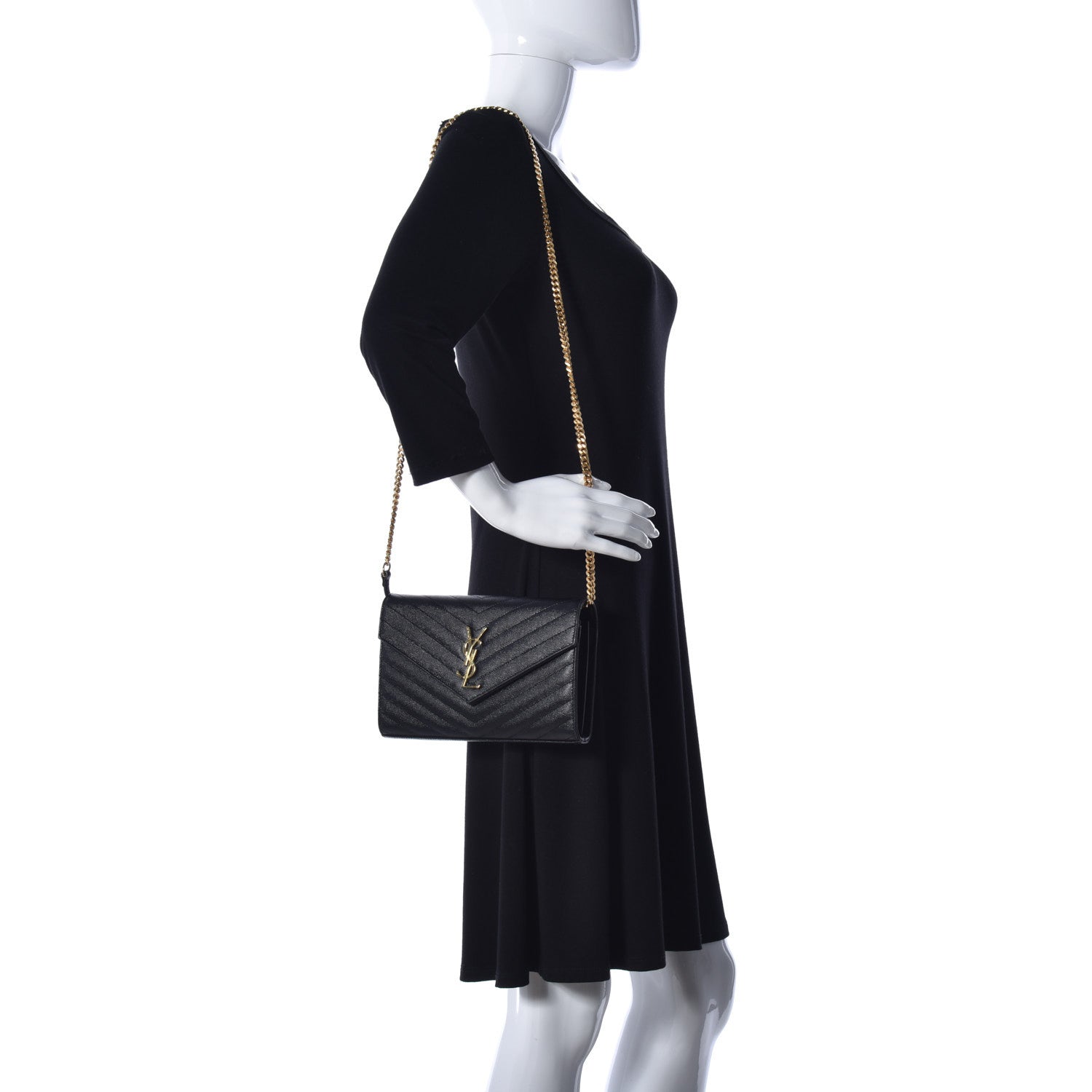 Saint Laurent Grain De Poudre Matelasse Chevron Monogram Chain Wallet Black 2 of 15