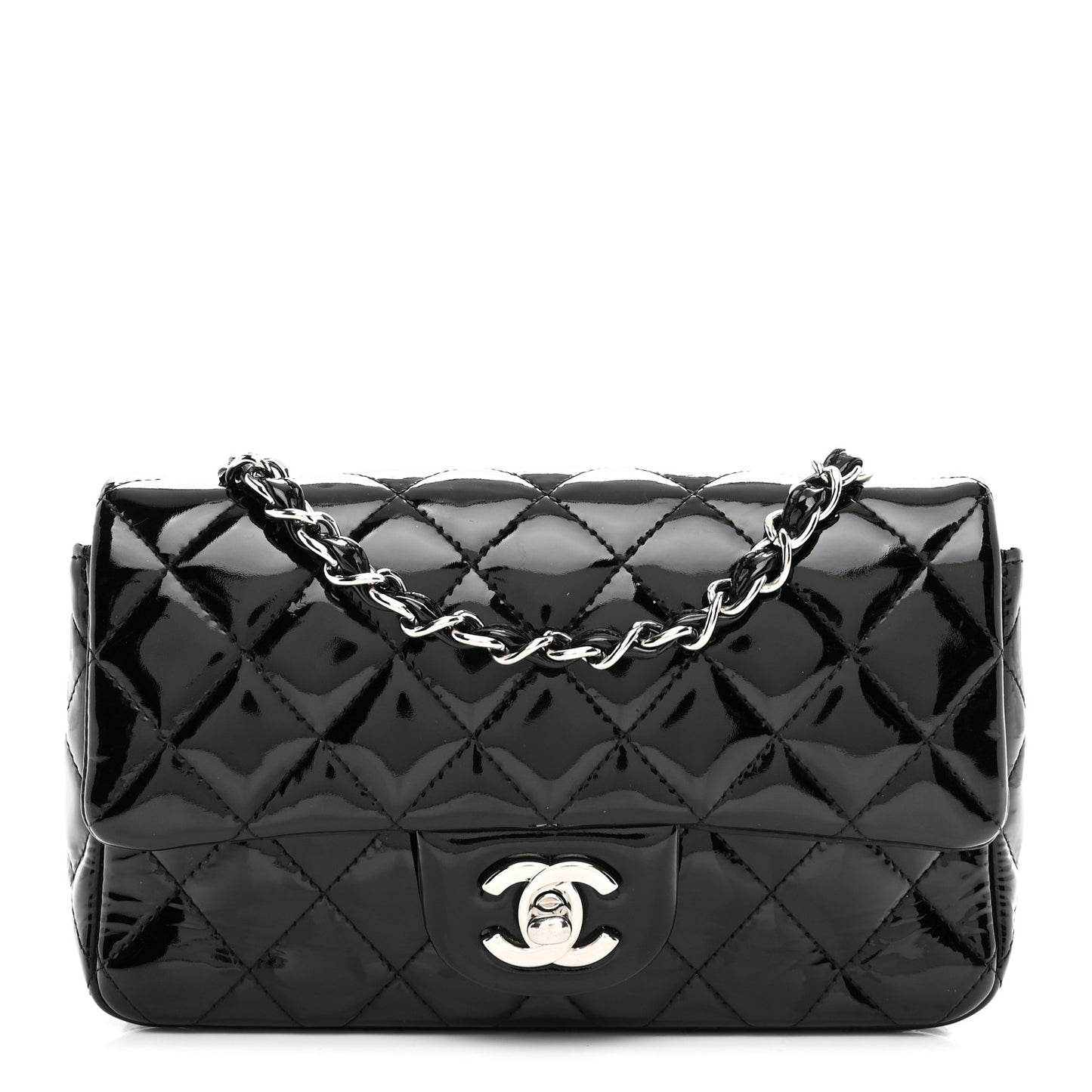 Patent Calfskin Quilted Mini Rectangular Flap Black