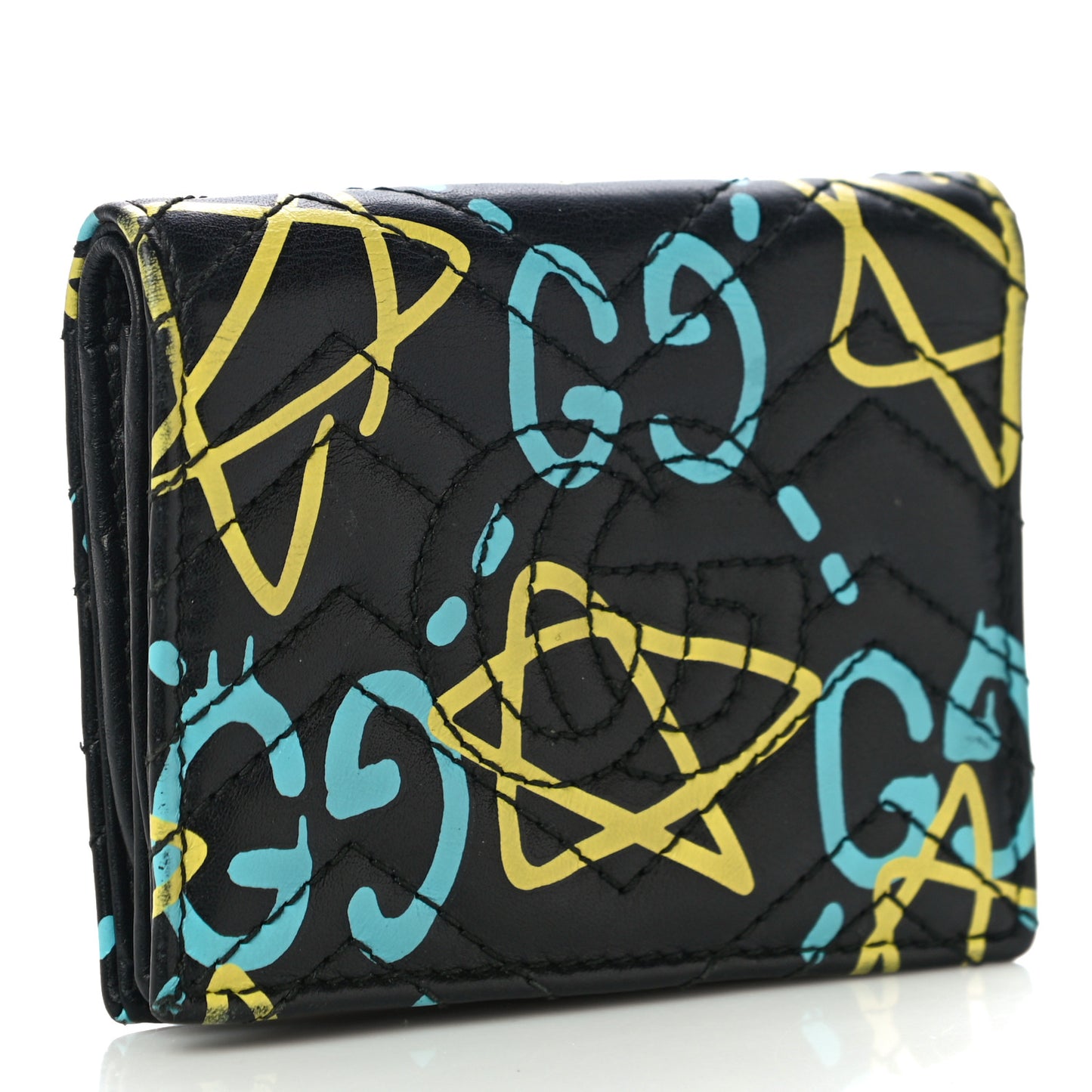 Calfskin Matelasse GucciGhost GG Marmont Card Case Wallet Black New Acquamarine