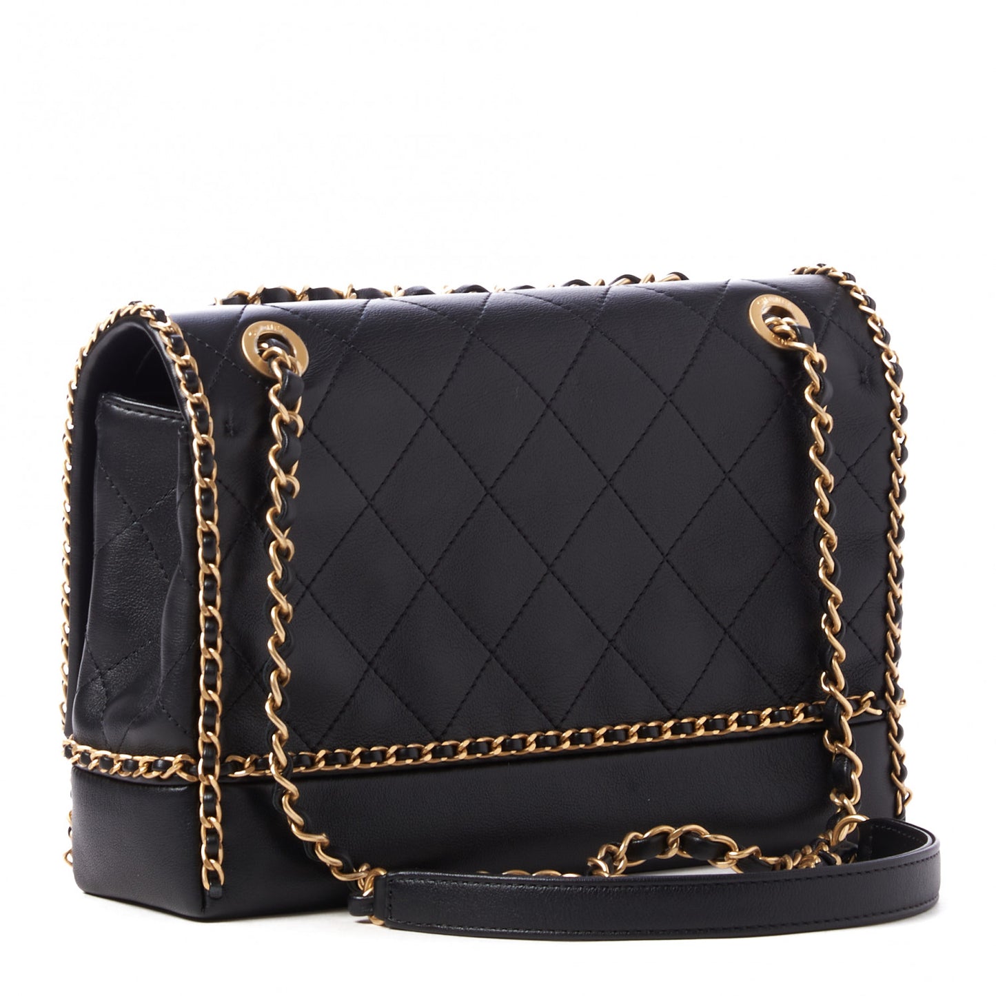 Calfskin Stitched Chain Flap Black