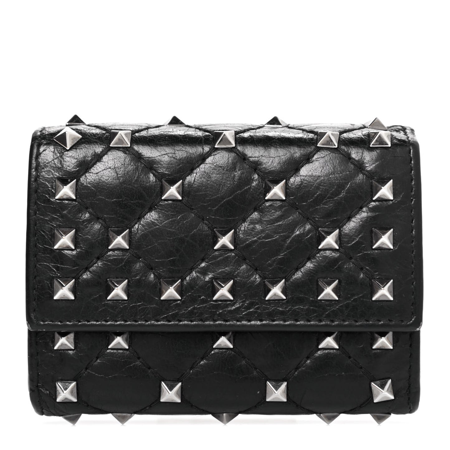 Craquele Nappa Rockstud Spike Bi-Fold Card Holder Black