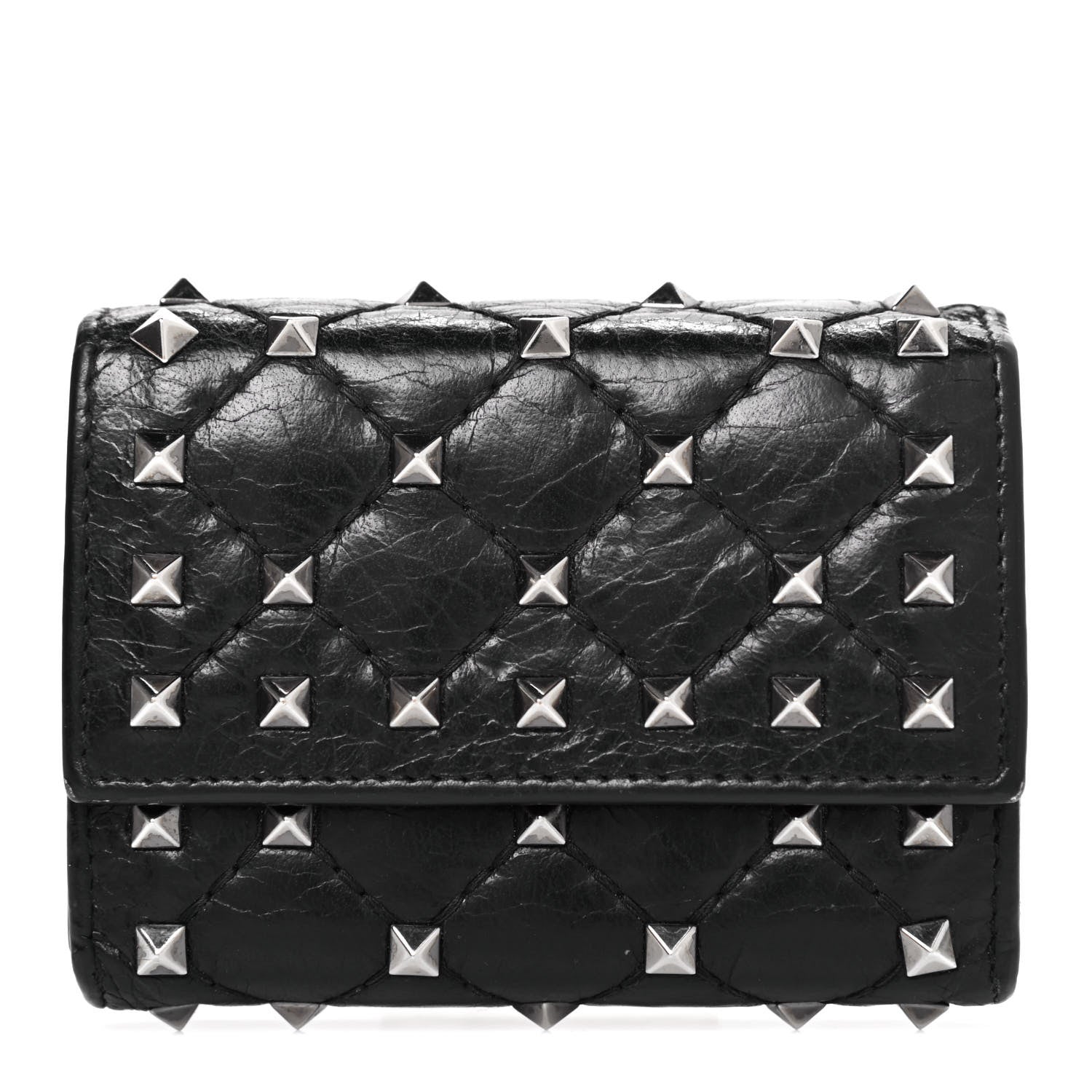 Valentino Garavani Craquele Nappa Rockstud Spike Bi-Fold Card Holder Black 1 of 4