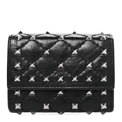 Valentino Garavani Craquele Nappa Rockstud Spike Bi-Fold Card Holder Black 1 of 4