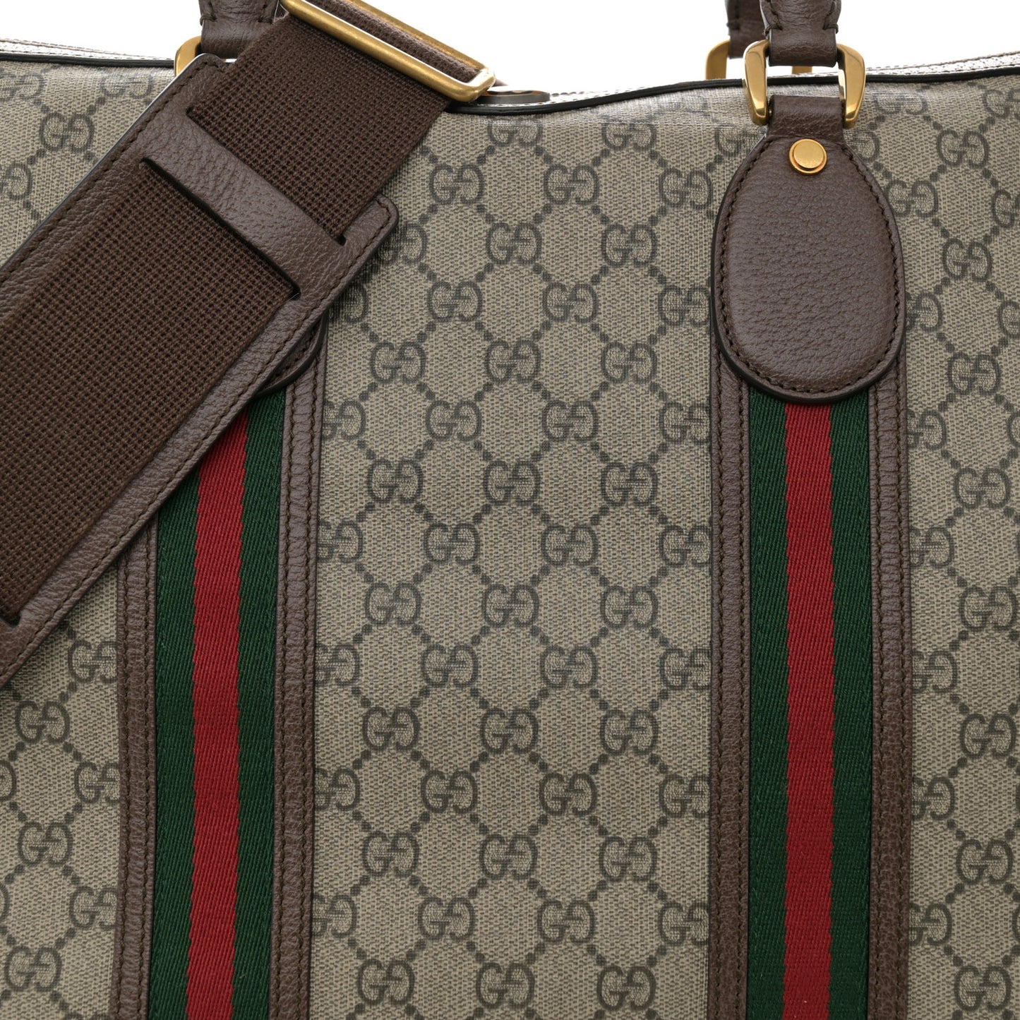 Soft GG Supreme Monogram Textured Dollar Calfskin Web Large Ophidia Carry-On Duffle Bag Beige Ebony New Acero