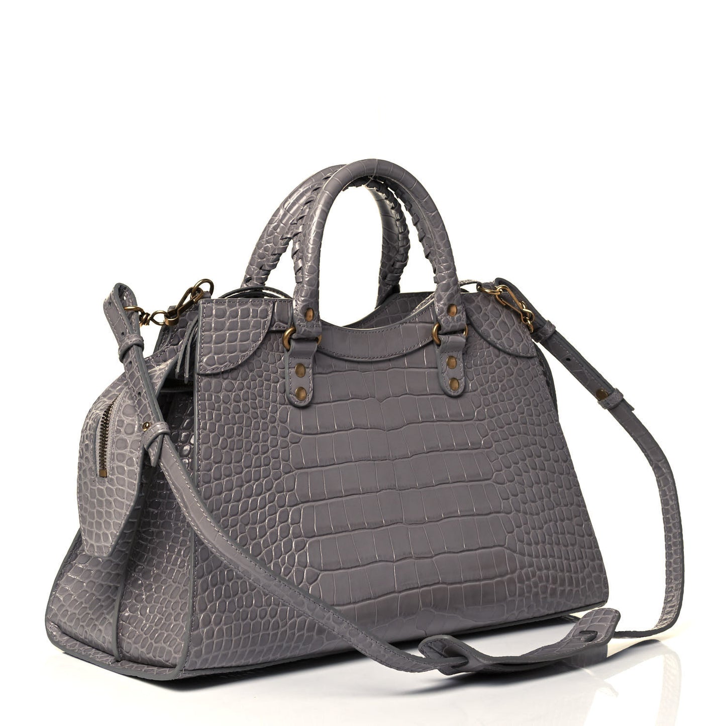 Shiny Supple Calfskin Crocodile Embossed Brass Hardware Neo Classic City Steel Grey