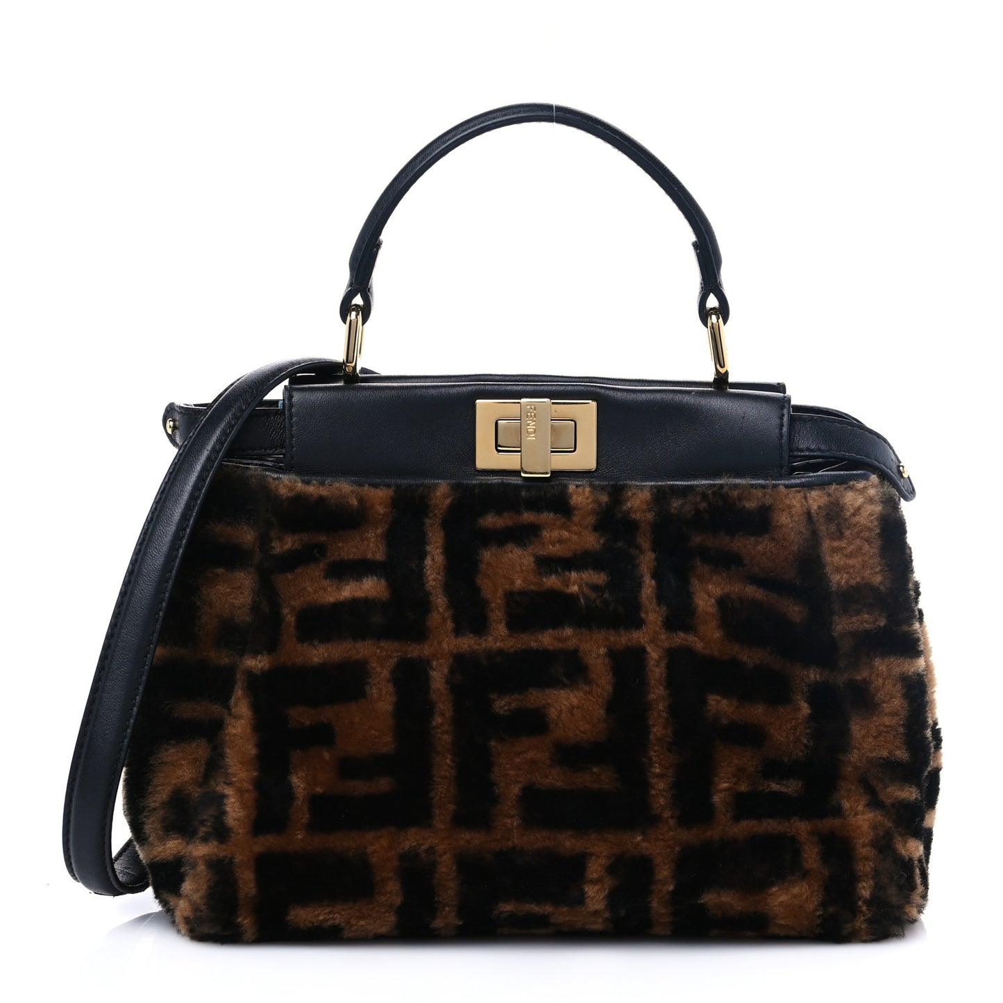 Shearling Nappa Macro FF 1974 Mini Peekaboo Iconic Satchel Tobacco Black