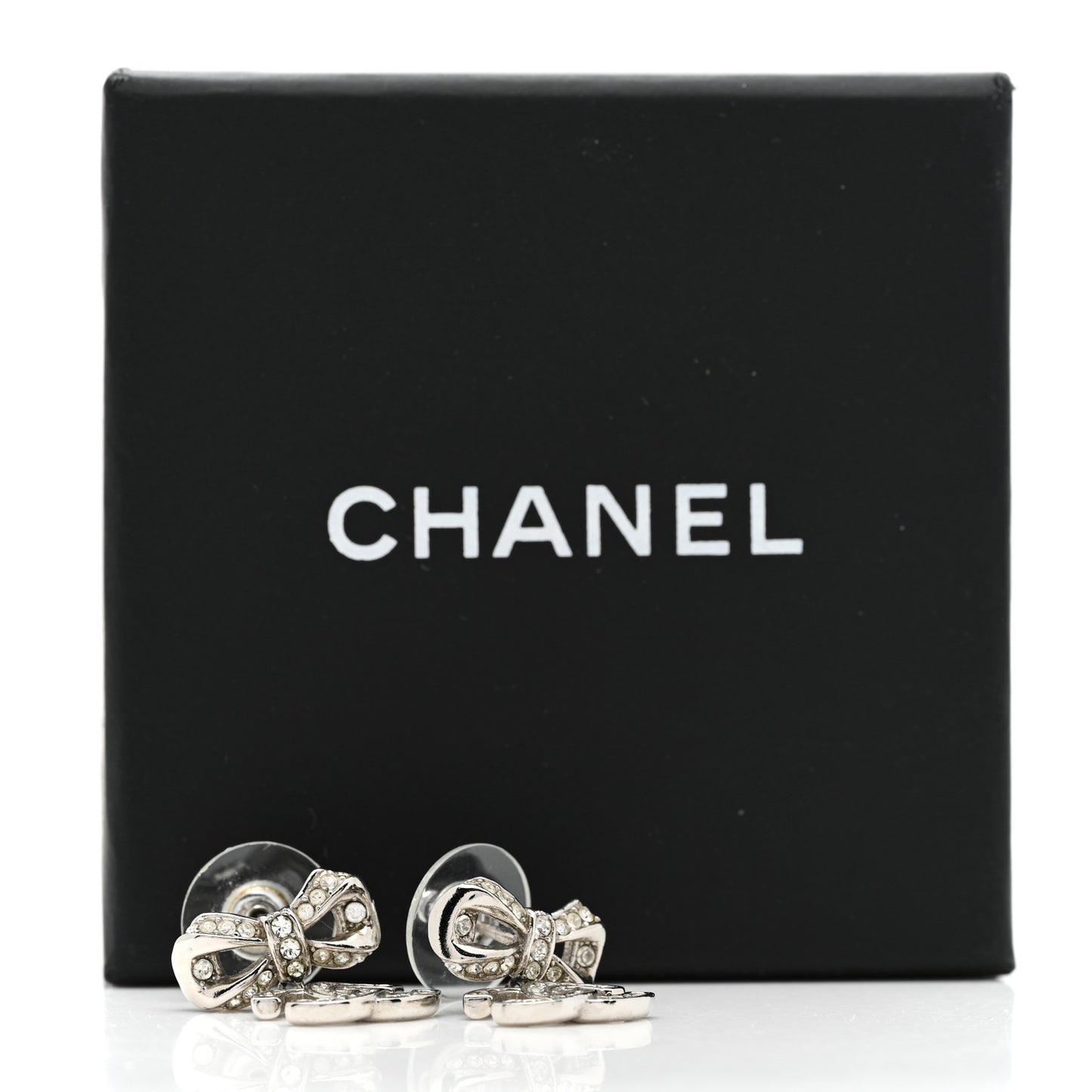 Crystal CC Bow Drop Earrings Silver