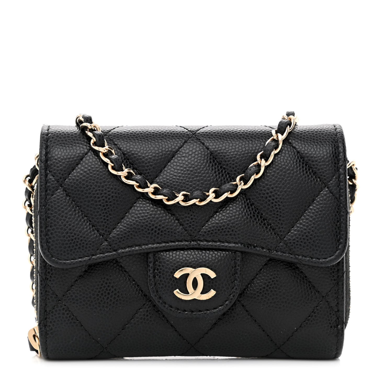 Caviar Quilted Flap Zip Card Holder On Chain Black