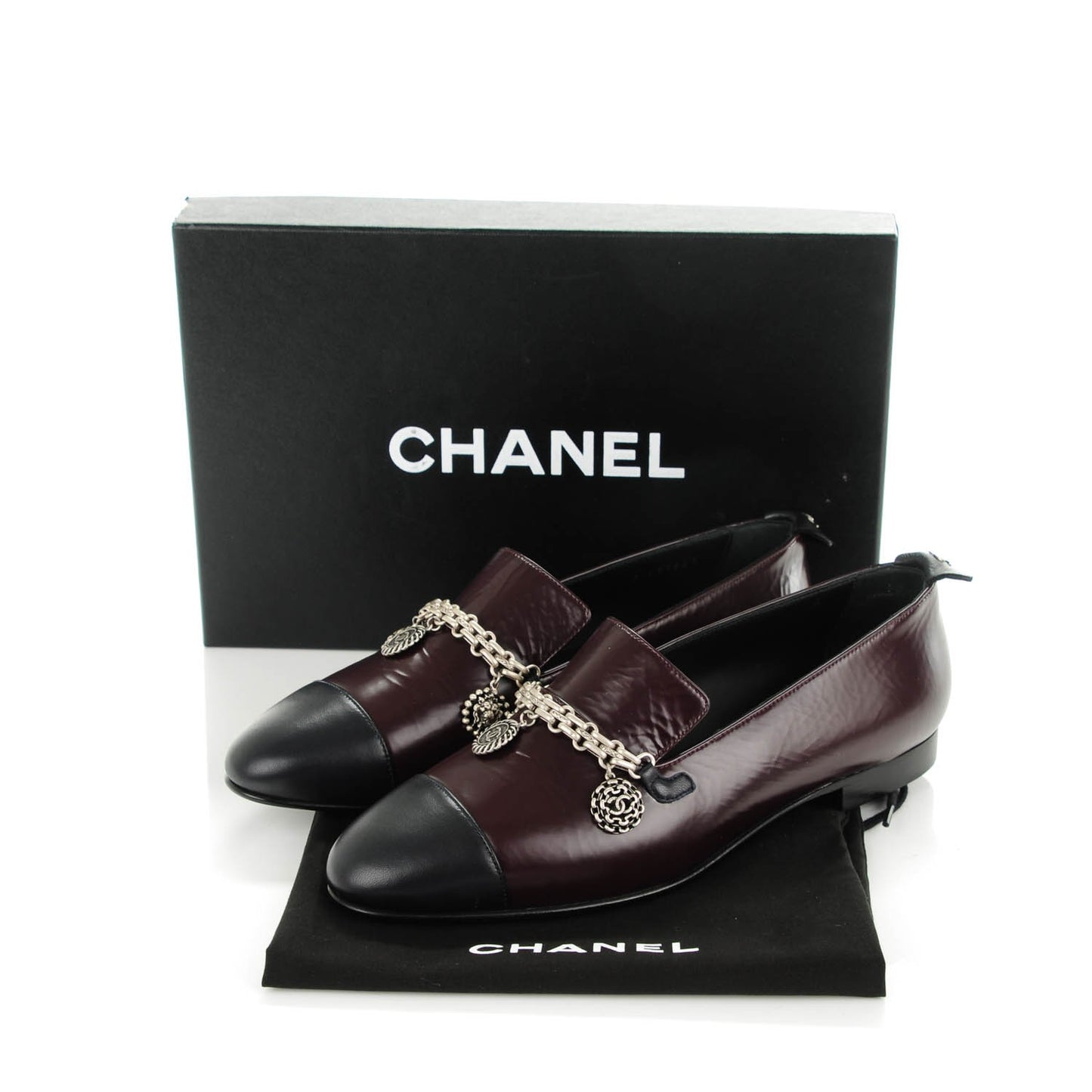 Crackled Goatskin Lambskin Cap Toe CC Charm Loafers 37.5 Dark Burgundy Navy