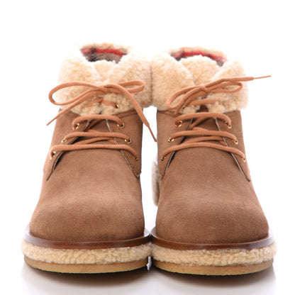 Chanel Shearling Suede Calfskin Womens Lace Up Ankle Boots 41.5 Brown Beige 2 of 8