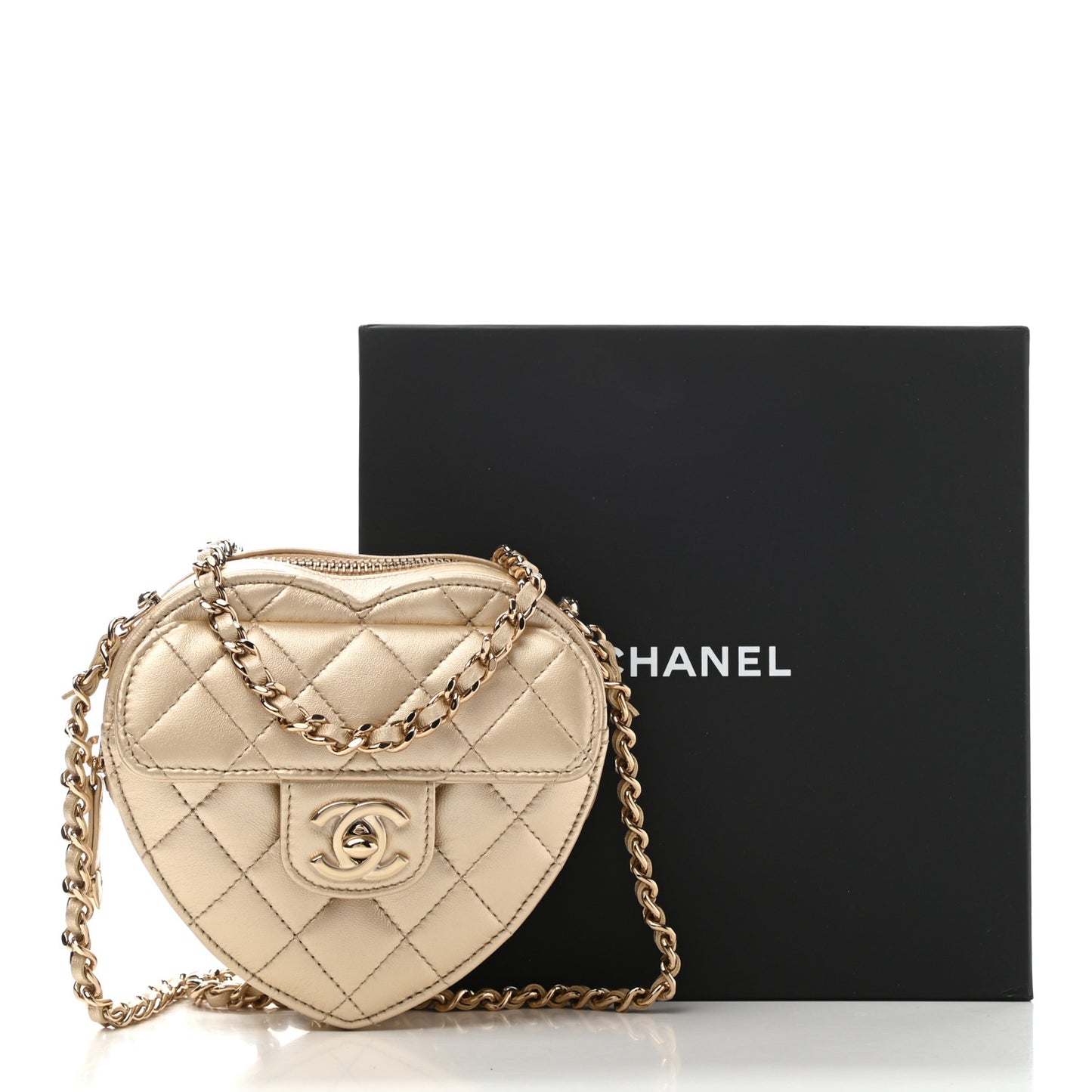 Metallic Lambskin Quilted CC In Love Heart Clutch With Chain Gold
