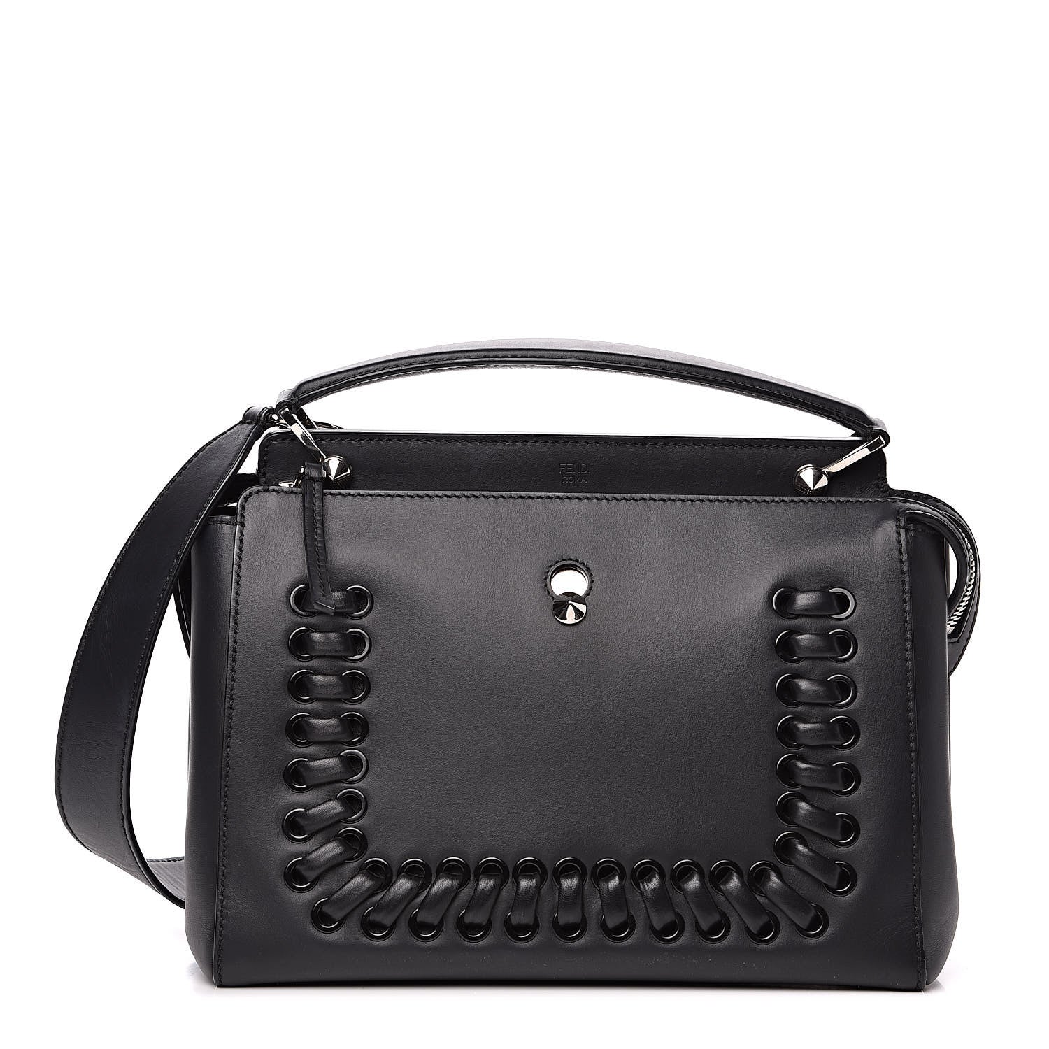 Fendi Vitello Baltico Dolce Shiny Nappa Lace Up DotCom Satchel Black Blue 1 of 17