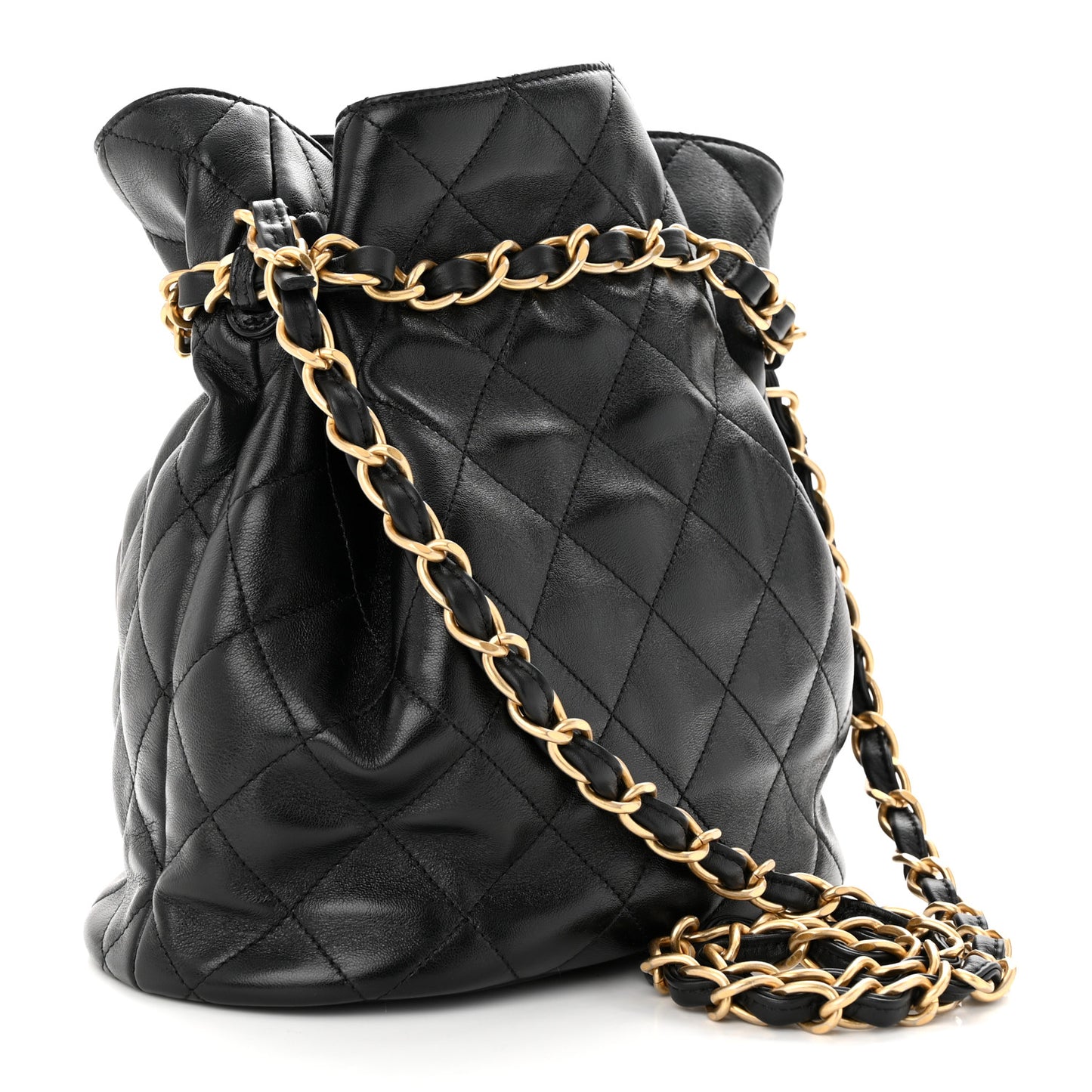 Lambskin Quilted Fancy Jewel Bucket Drawstring Bag Black