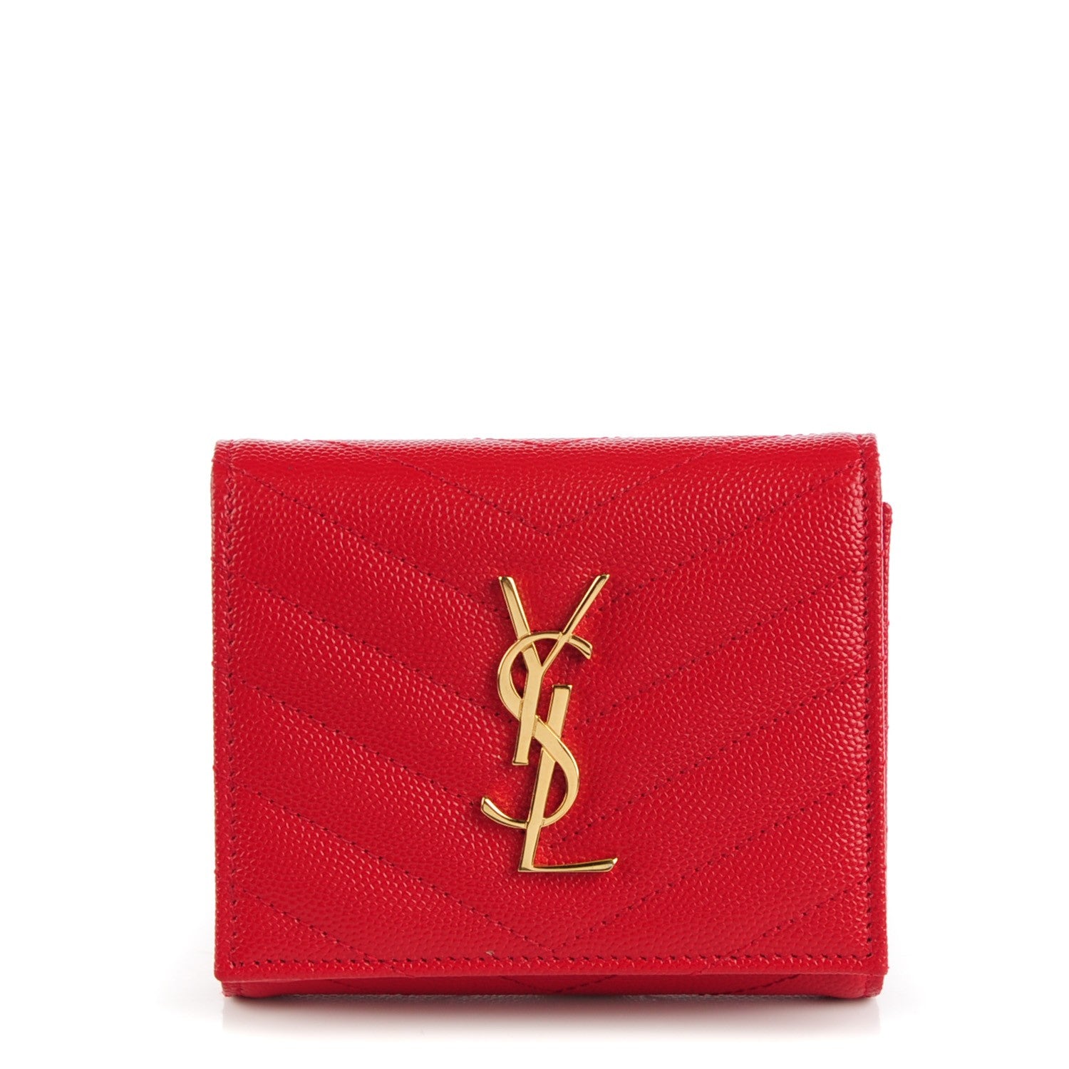 Saint Laurent Grain De Poudre Matelasse Chevron Monogram Compact Wallet Red 1 of 5