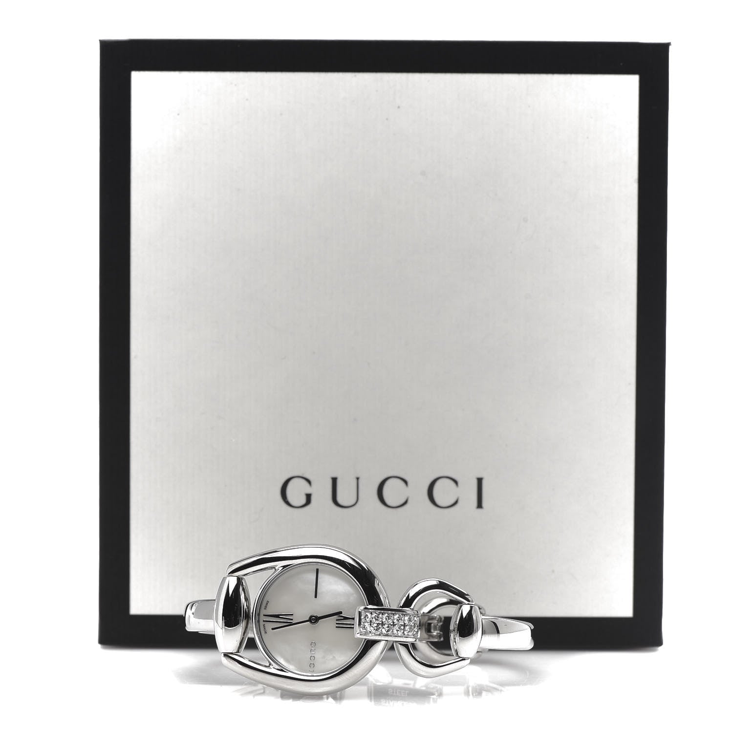 Gucci Stainless Steel Diamond Pave Mother of Pearl 28mm Horsebit Quartz Watch 7 of 7