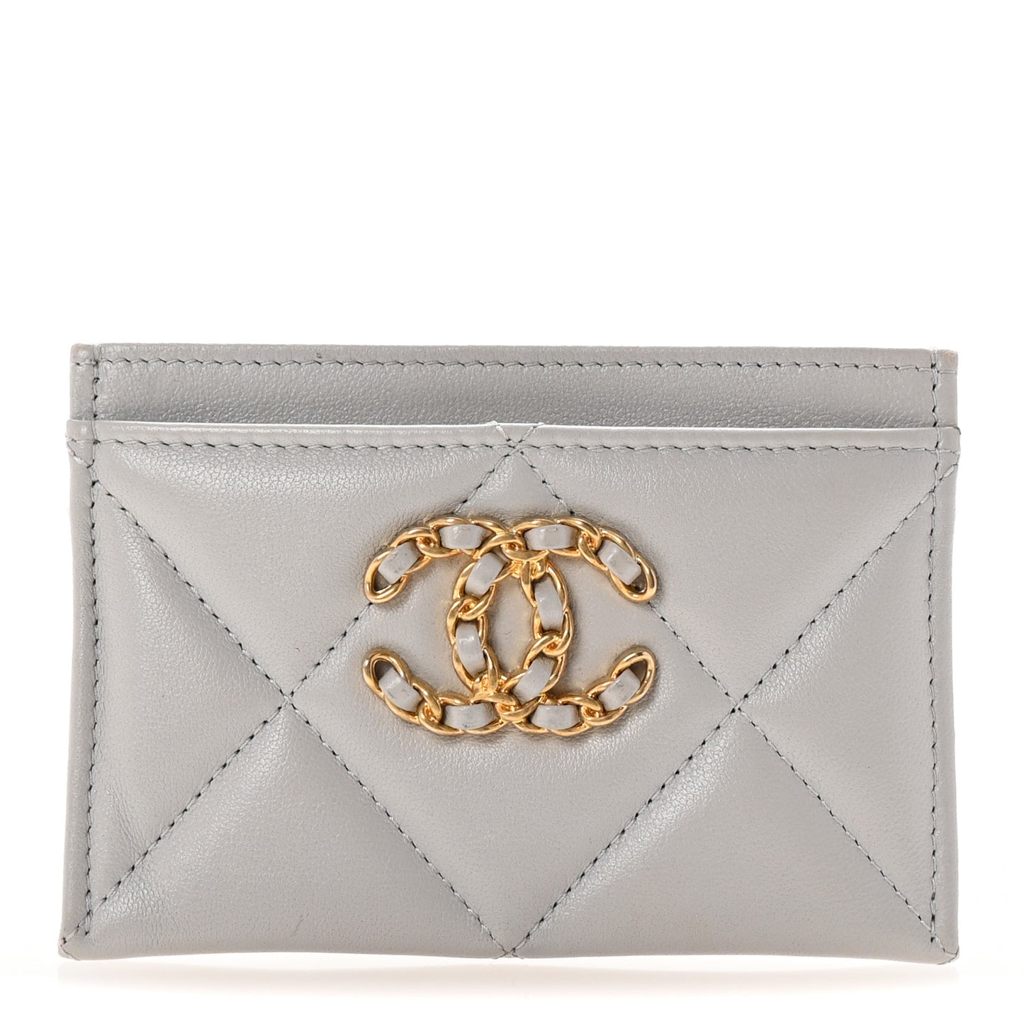 Lambskin Quilted Chanel 19 Card Holder Light Grey