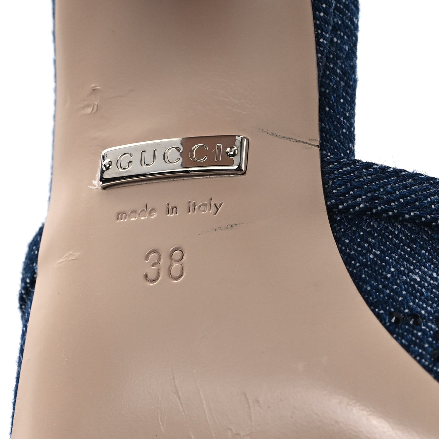 Gucci Denim Crystal GG Monogram Mules 38 Blue 7 of 9