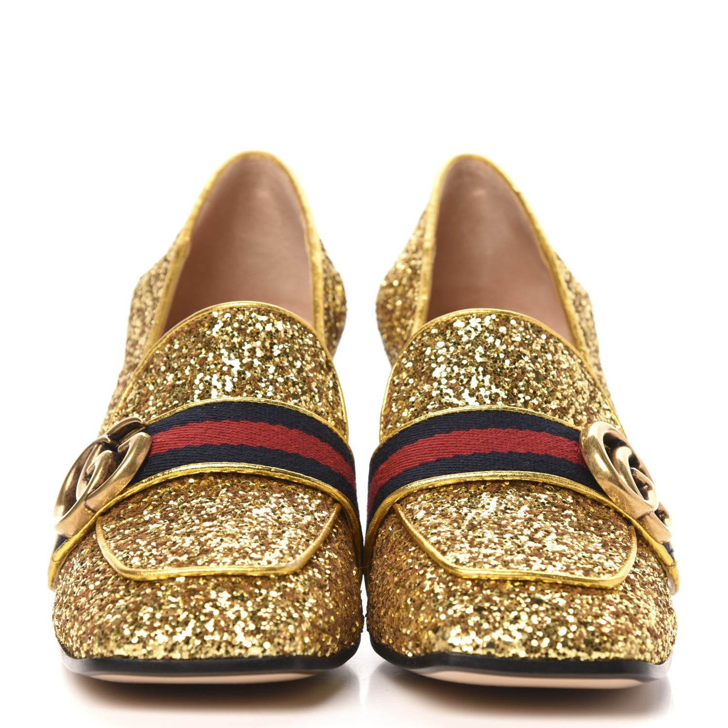 Gucci Glitter Nappa Web Peyton 75mm Loafer Pumps 37.5 Oro Vecchio 2 of 9
